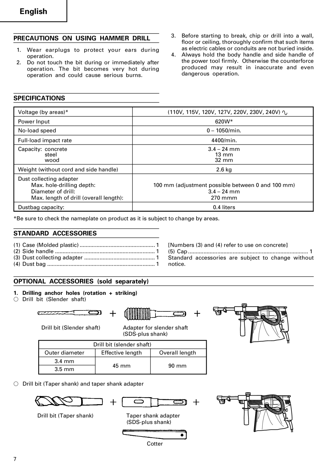 Hitachi 24PD manual Precautions on Using Hammer Drill, Specifications, Standard Accessories 