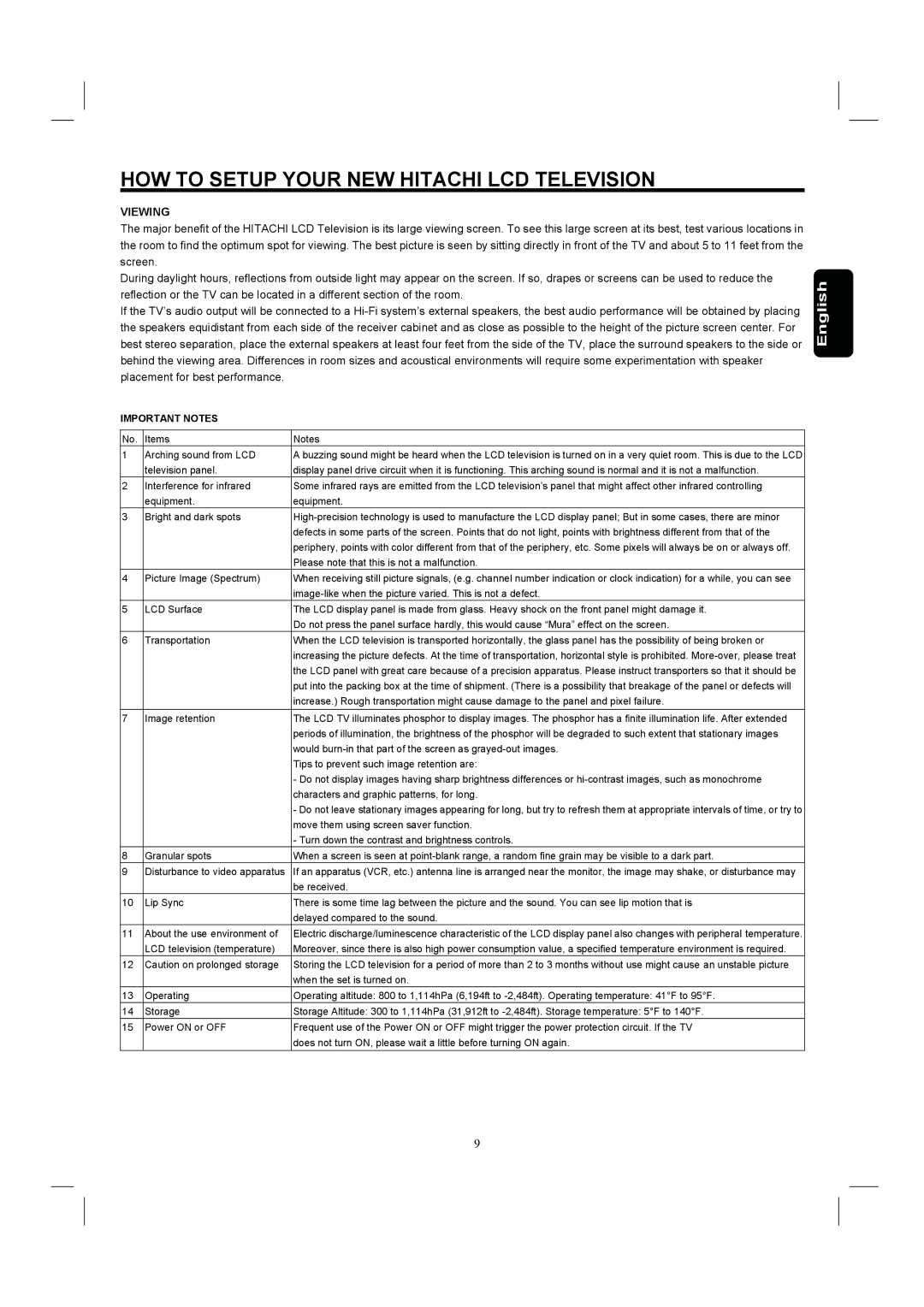 Hitachi 26HDL52 important safety instructions Viewing, Important Notes 