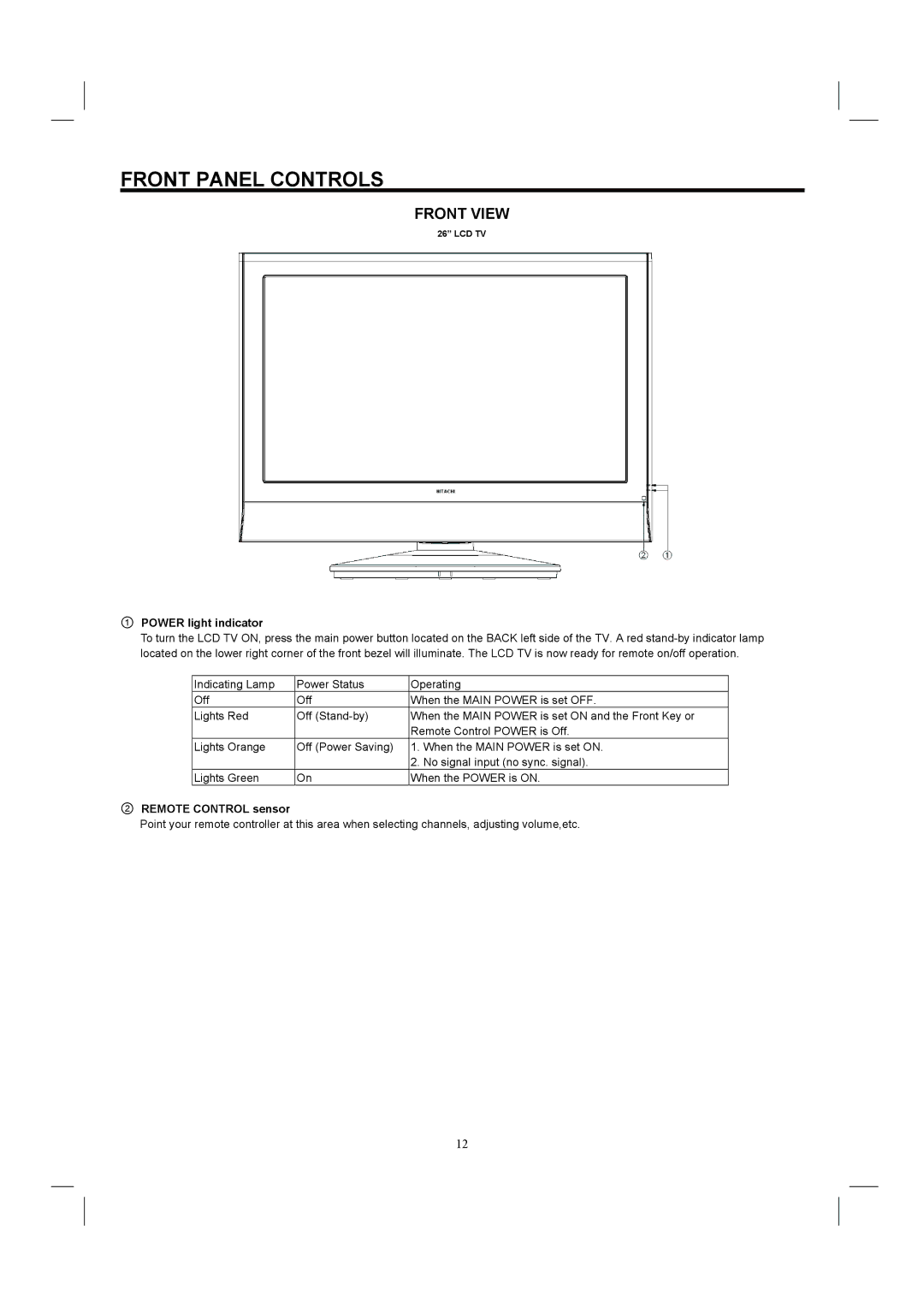 Hitachi 26HDL52 important safety instructions Front Panel Controls, ① Power light indicator, ② Remote Control sensor 