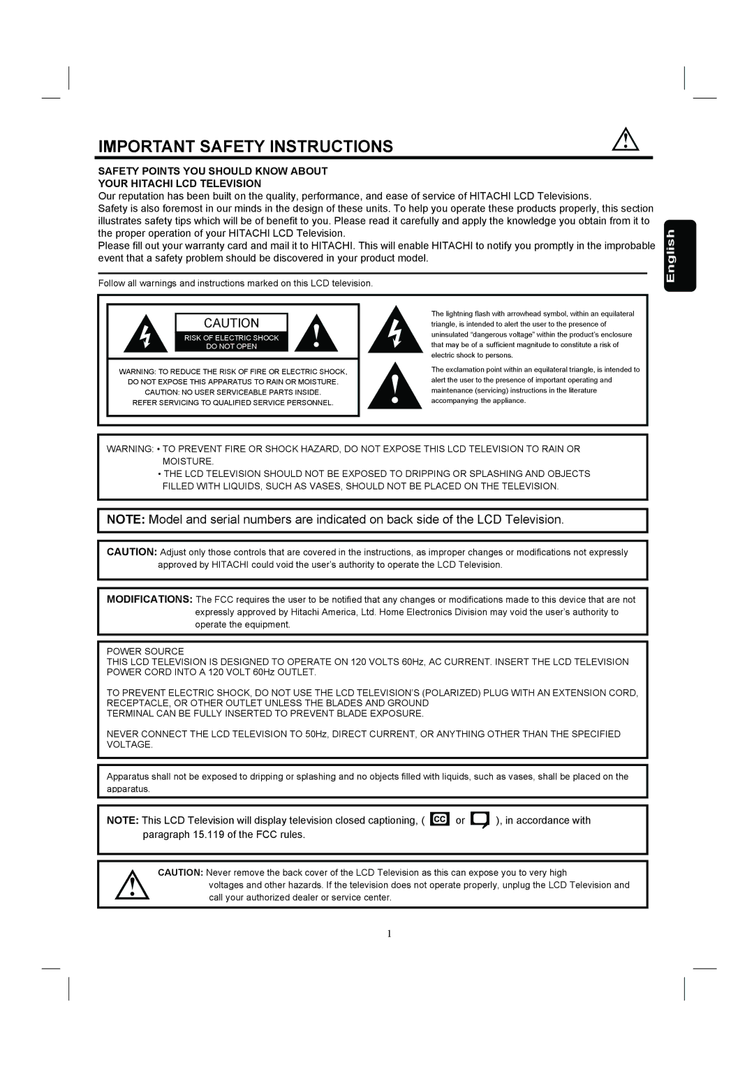 Hitachi 26HDL52 important safety instructions Important Safety Instructions, English 