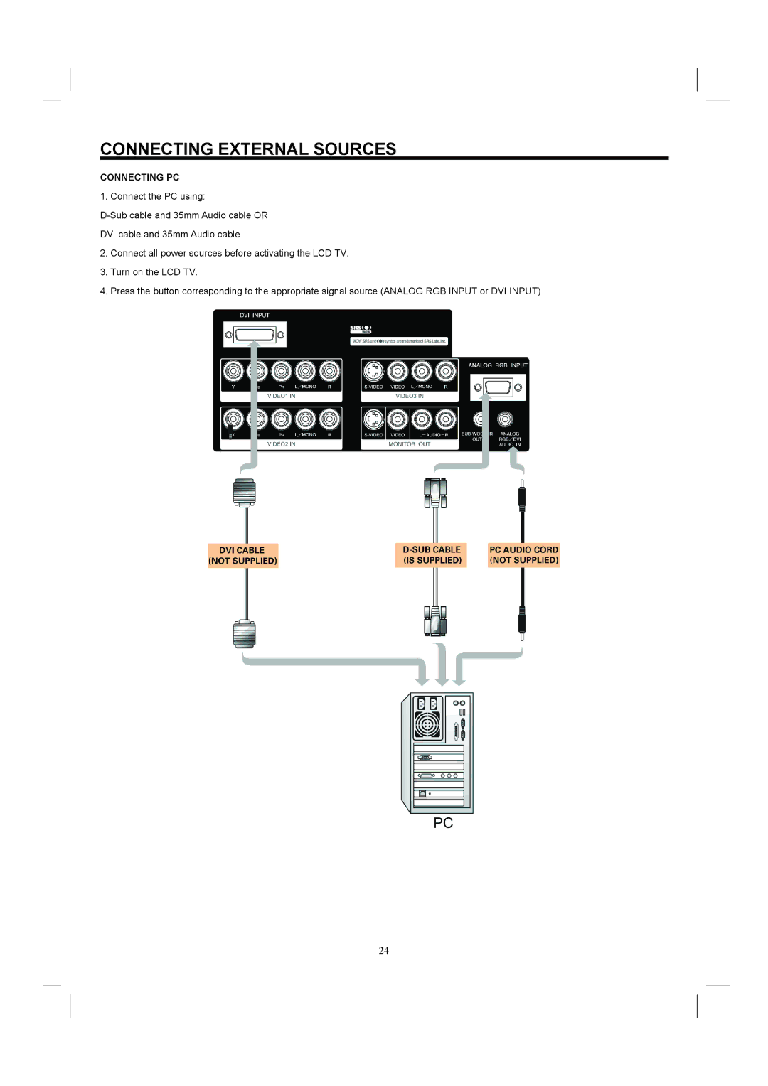 Hitachi 26HDL52 important safety instructions Connecting PC 