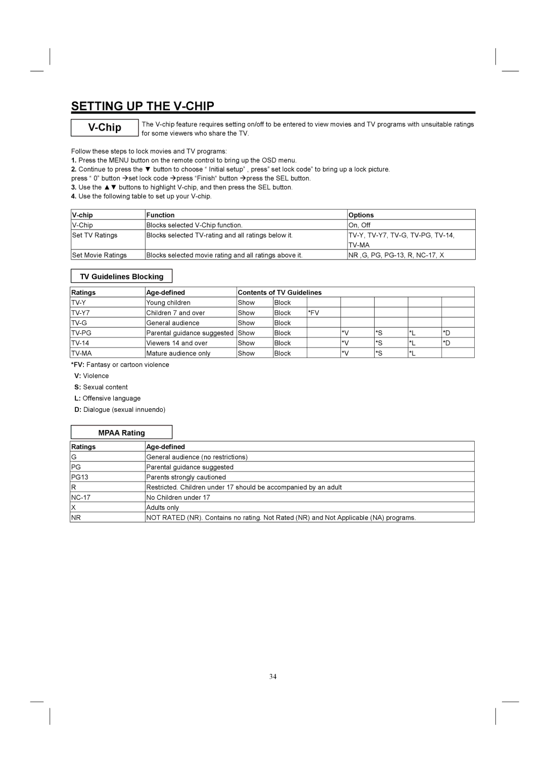 Hitachi 26HDL52 important safety instructions Setting UP the V-CHIP, Chip, TV Guidelines Blocking, Mpaa Rating 