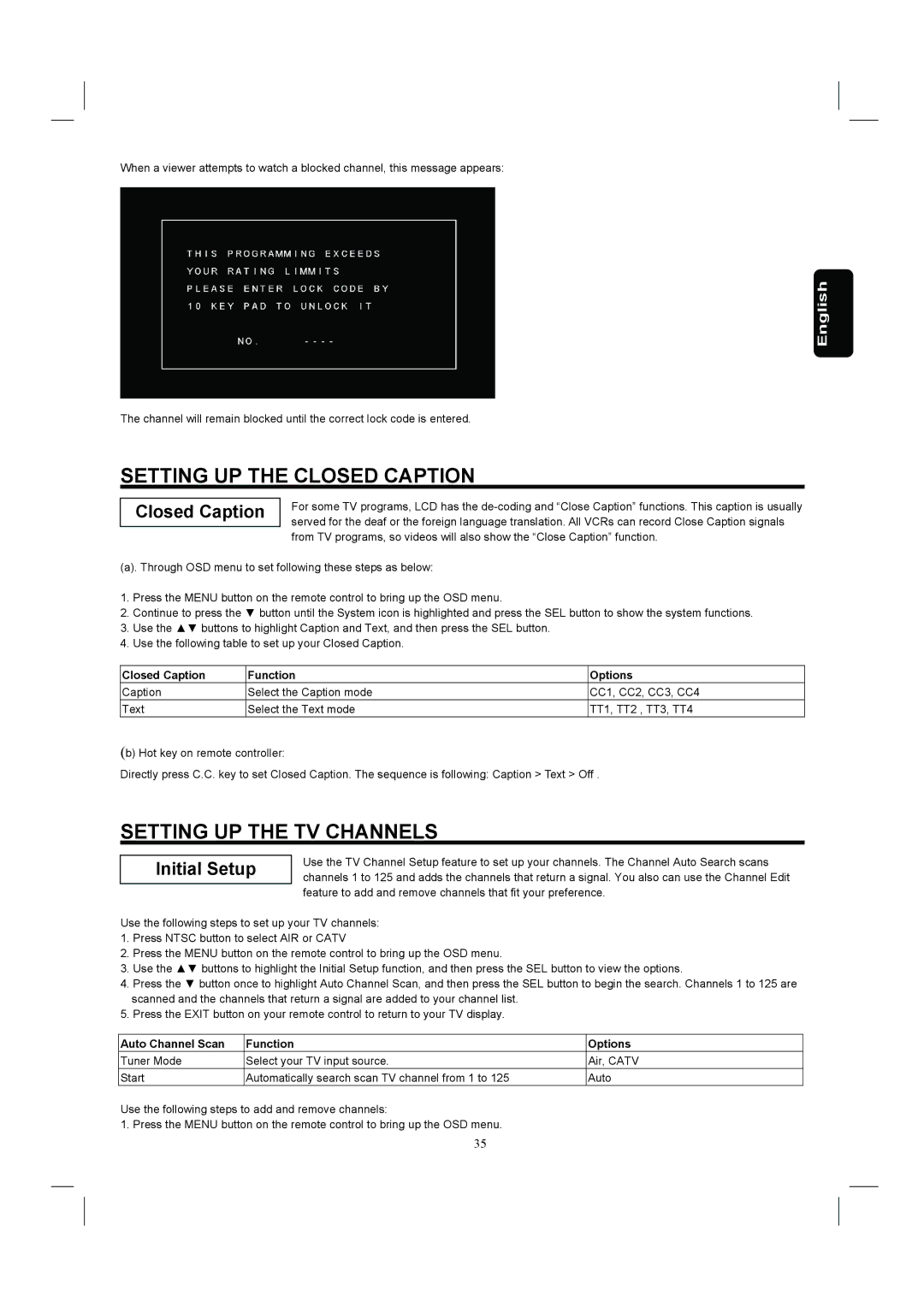 Hitachi 26HDL52 Setting UP the Closed Caption, Setting UP the TV Channels, Closed Caption Function Options 