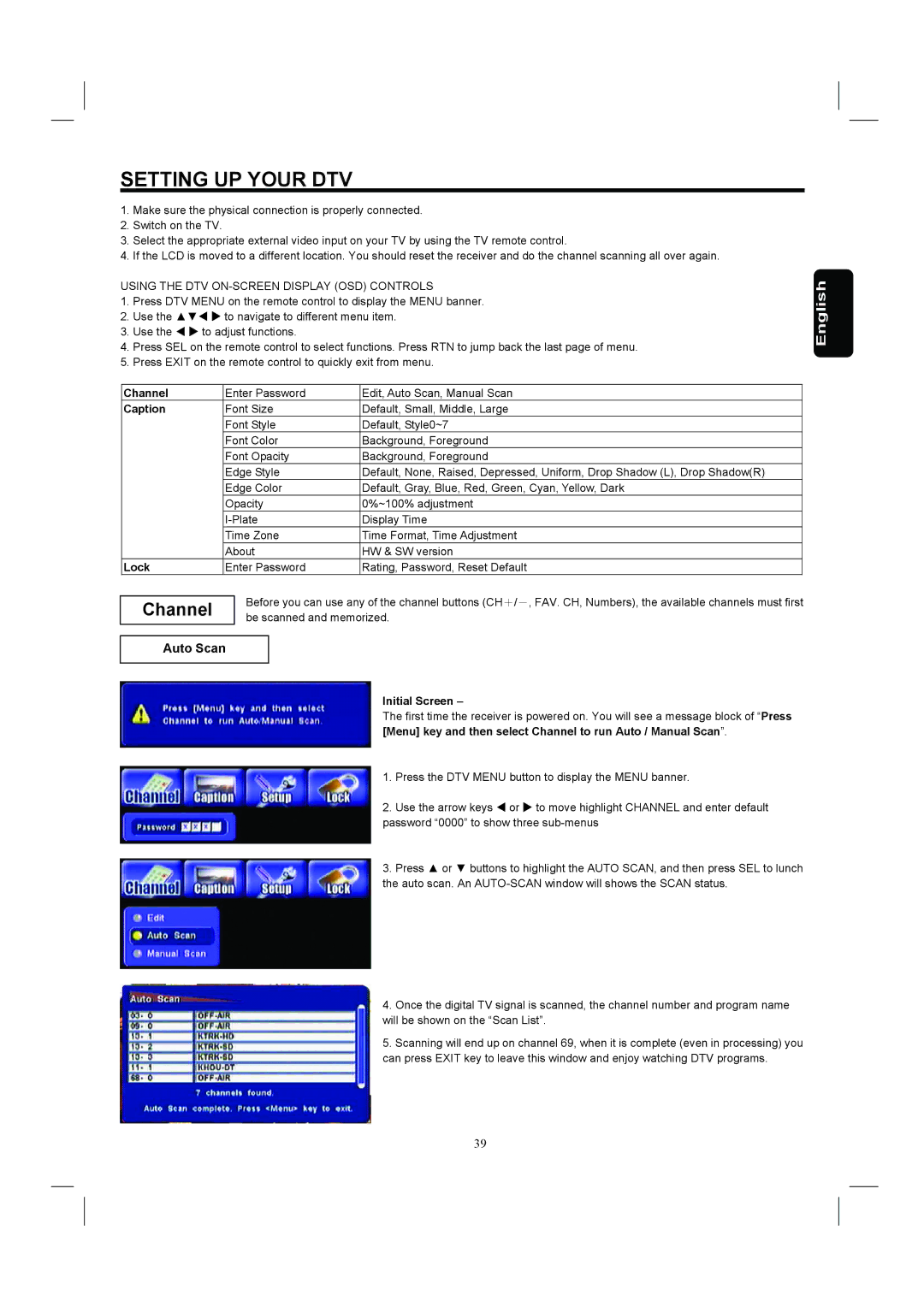 Hitachi 26HDL52 important safety instructions Setting UP Your DTV, Channel, Auto Scan 