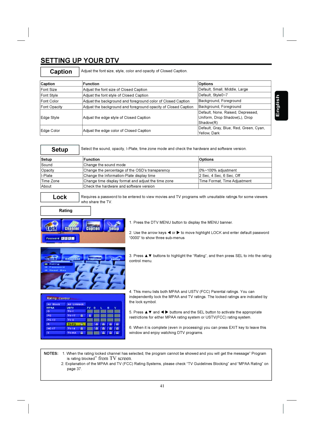 Hitachi 26HDL52 important safety instructions Caption, Setup, Lock, Rating 