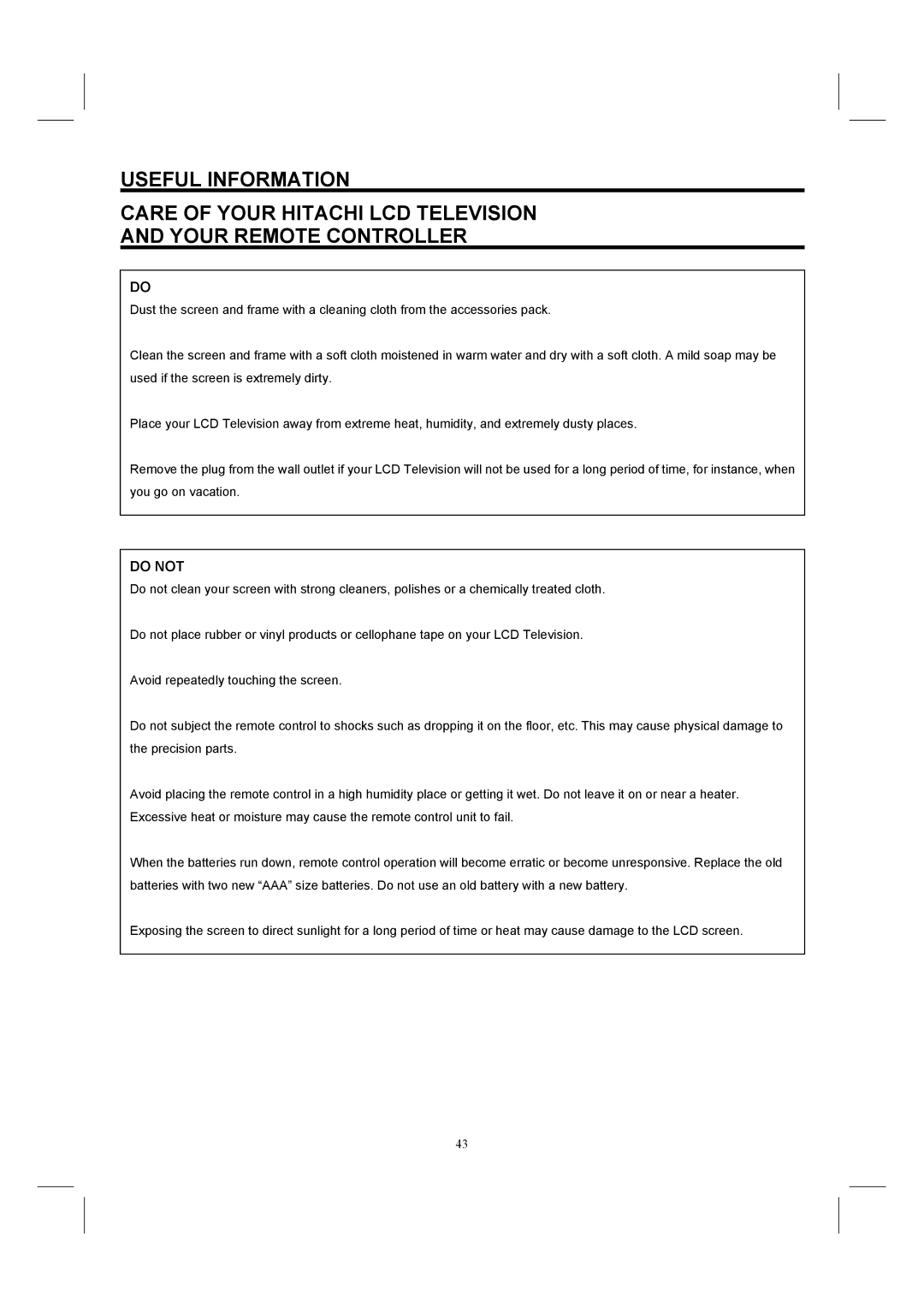 Hitachi 26HDL52 important safety instructions Do not 