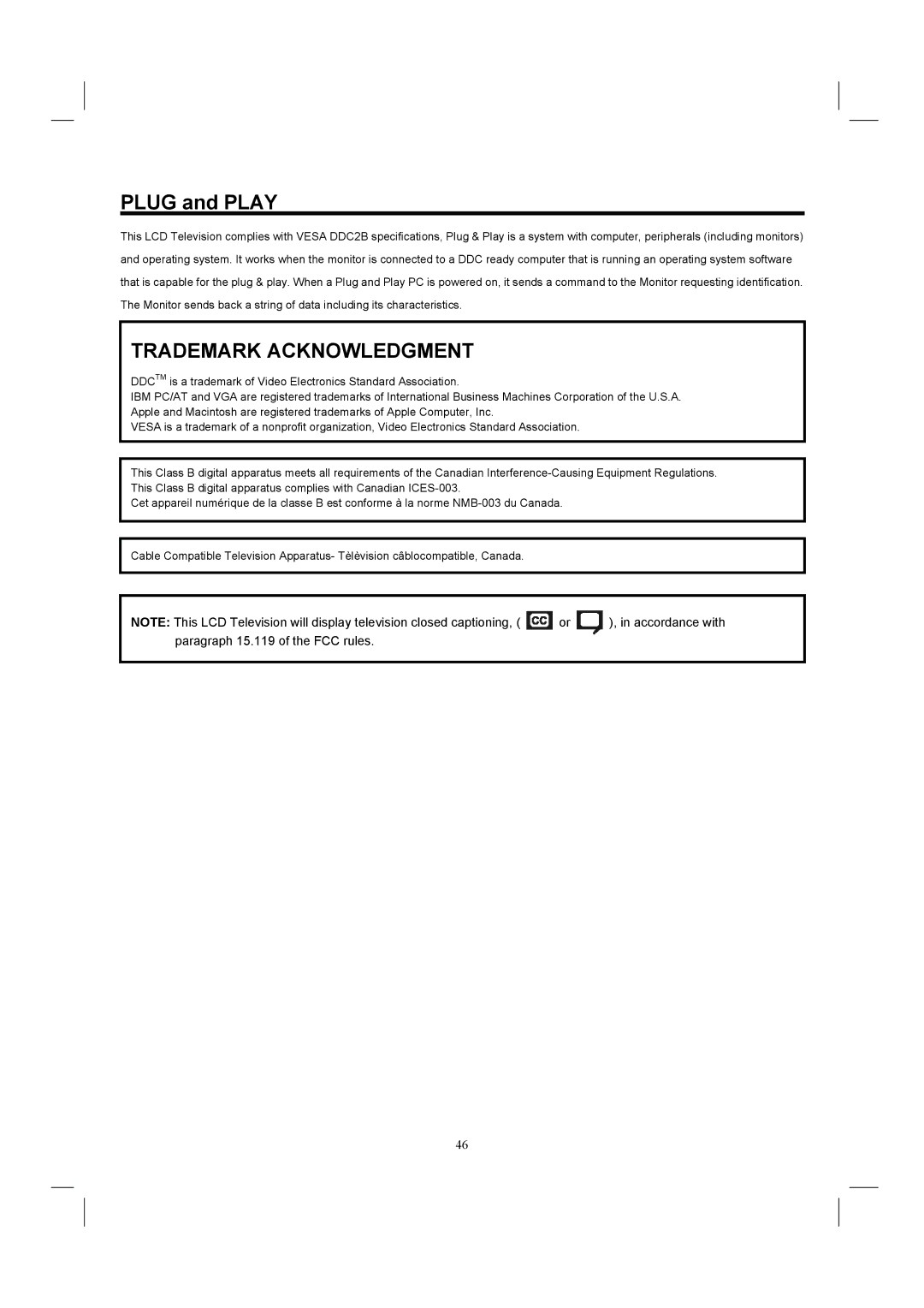 Hitachi 26HDL52 important safety instructions Plug and Play, Trademark Acknowledgment 