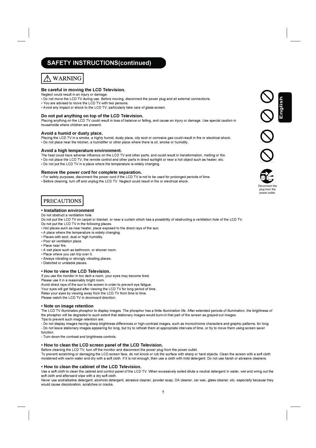 Hitachi 26HDL52 Be careful in moving the LCD Television, Do not put anything on top of the LCD Television 