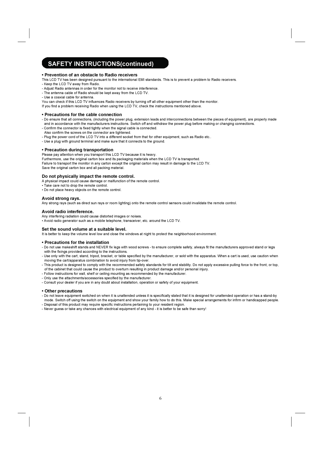 Hitachi 26HDL52 Prevention of an obstacle to Radio receivers, Precautions for the cable connection, Avoid strong rays 