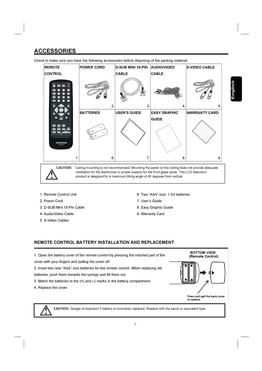 Hitachi 26HDL52 important safety instructions Accessories, Batteries USER’S Guide Easy Graphic Warranty Card 