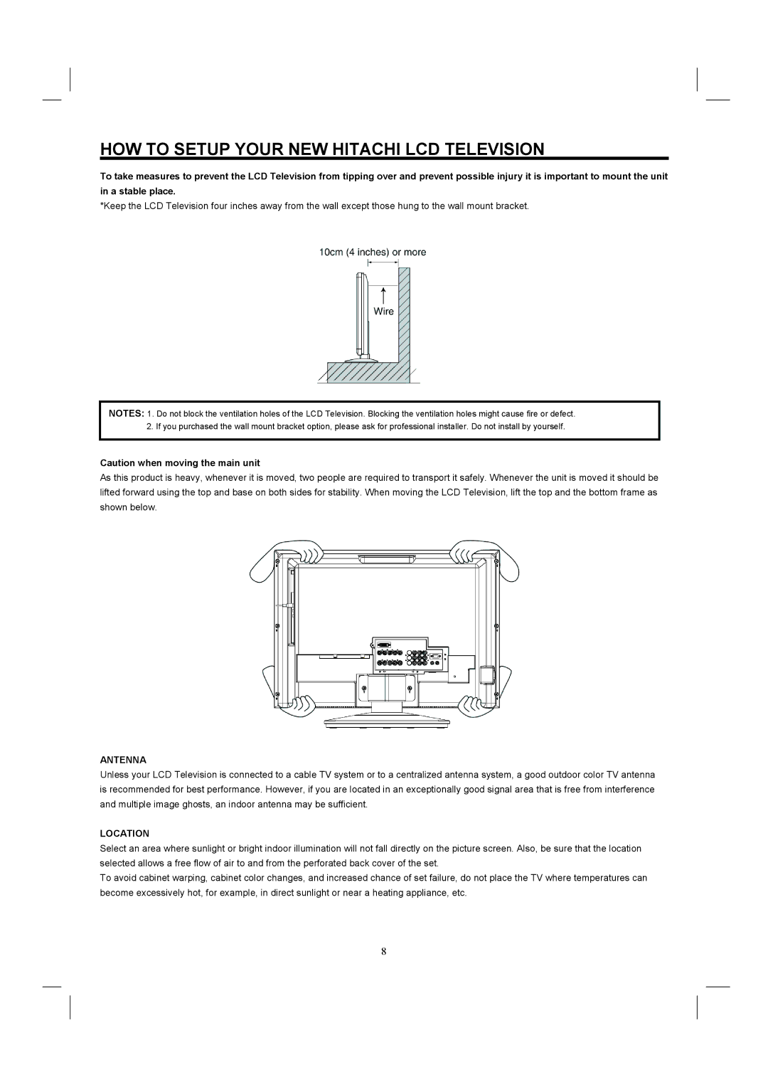 Hitachi 26HDL52 important safety instructions HOW to Setup Your NEW Hitachi LCD Television, Antenna, Location 