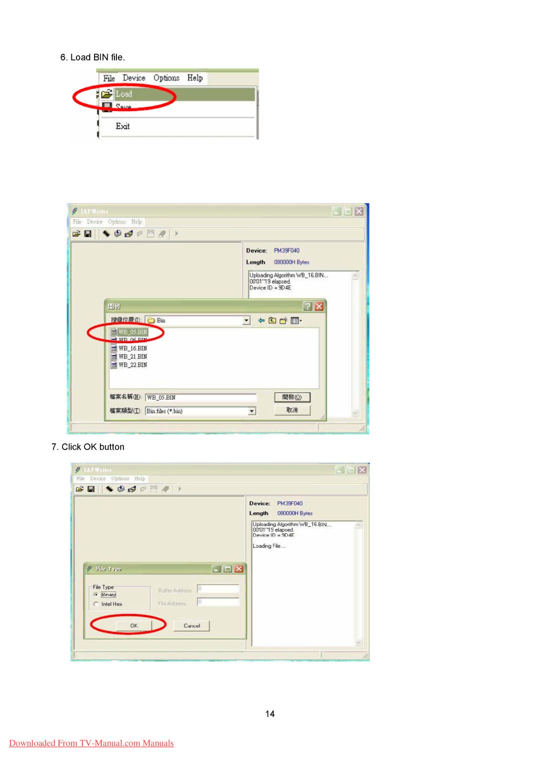 Hitachi 26LD8000TA specifications Load BIN file Click OK button 