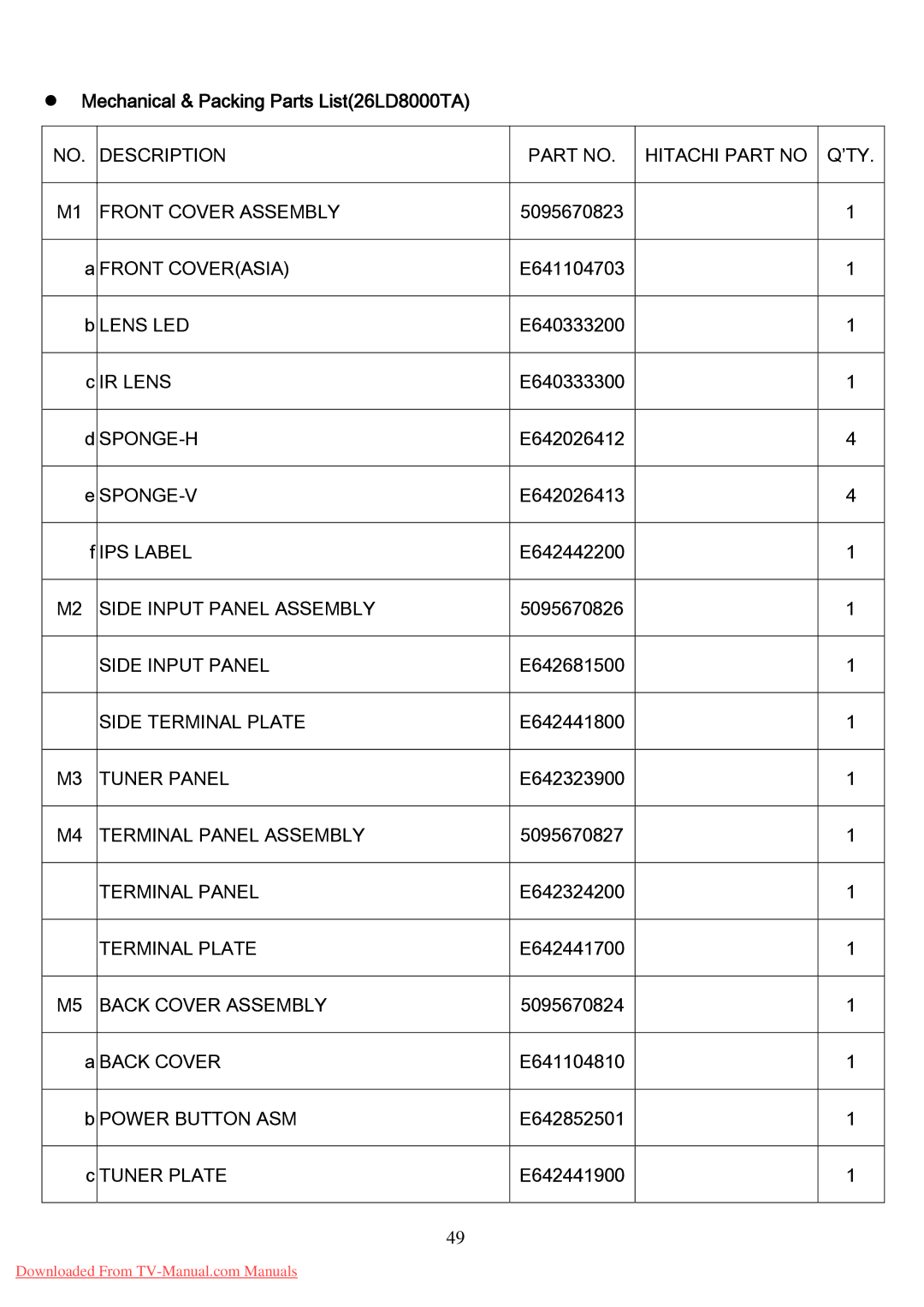 Hitachi specifications Mechanical & Packing Parts List26LD8000TA 