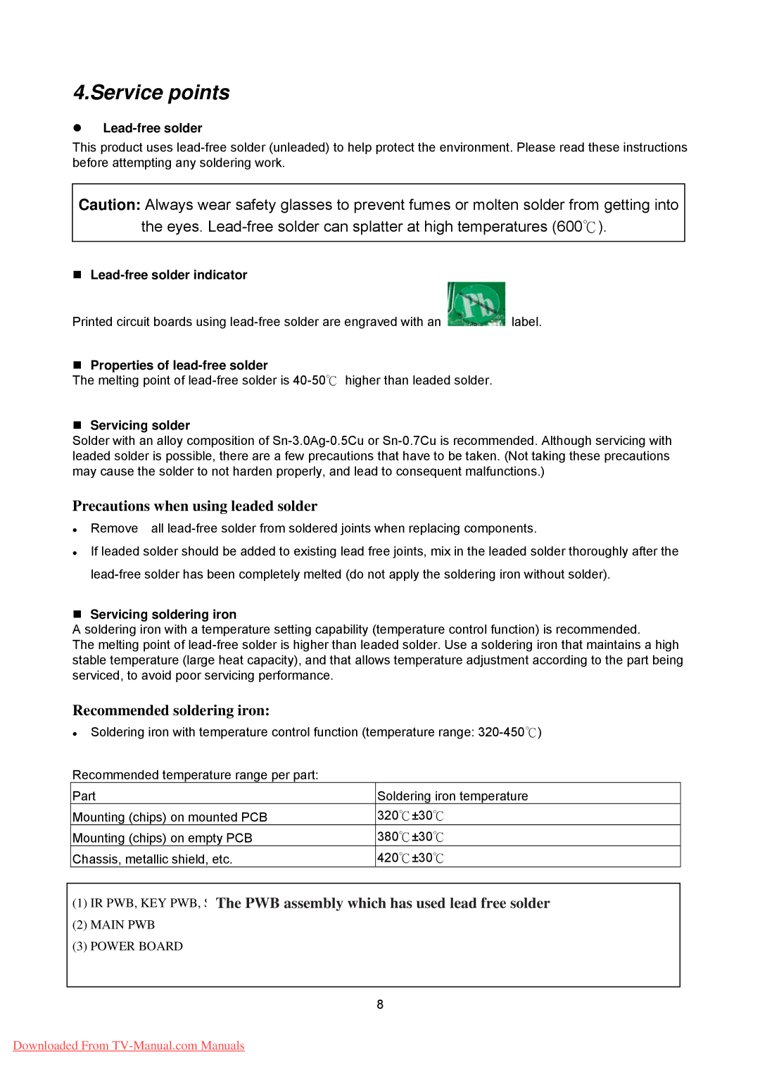 Hitachi 26LD8000TA specifications Service points 