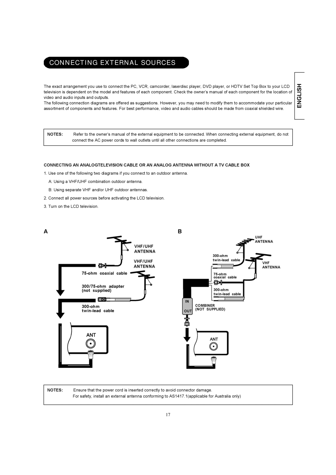 Hitachi 26LD8000TA user manual Connecting External Sources 