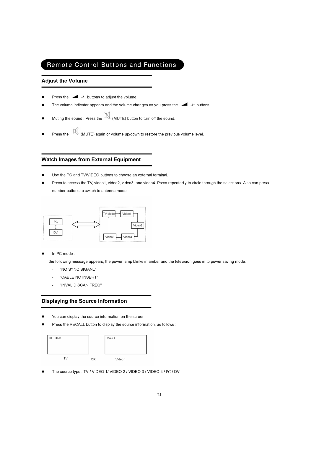 Hitachi 26LD8000TA user manual Adjust the Volume, Watch Images from External Equipment, Displaying the Source Information 