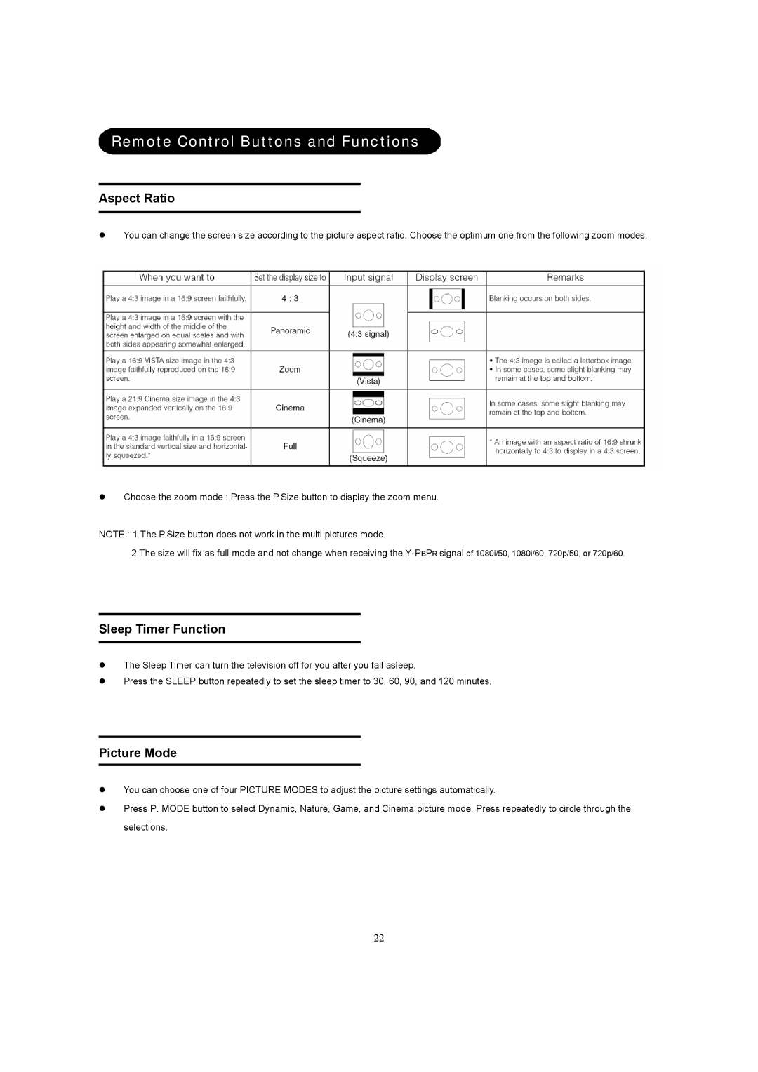 Hitachi 26LD8000TA user manual Aspect Ratio, Sleep Timer Function, Picture Mode 