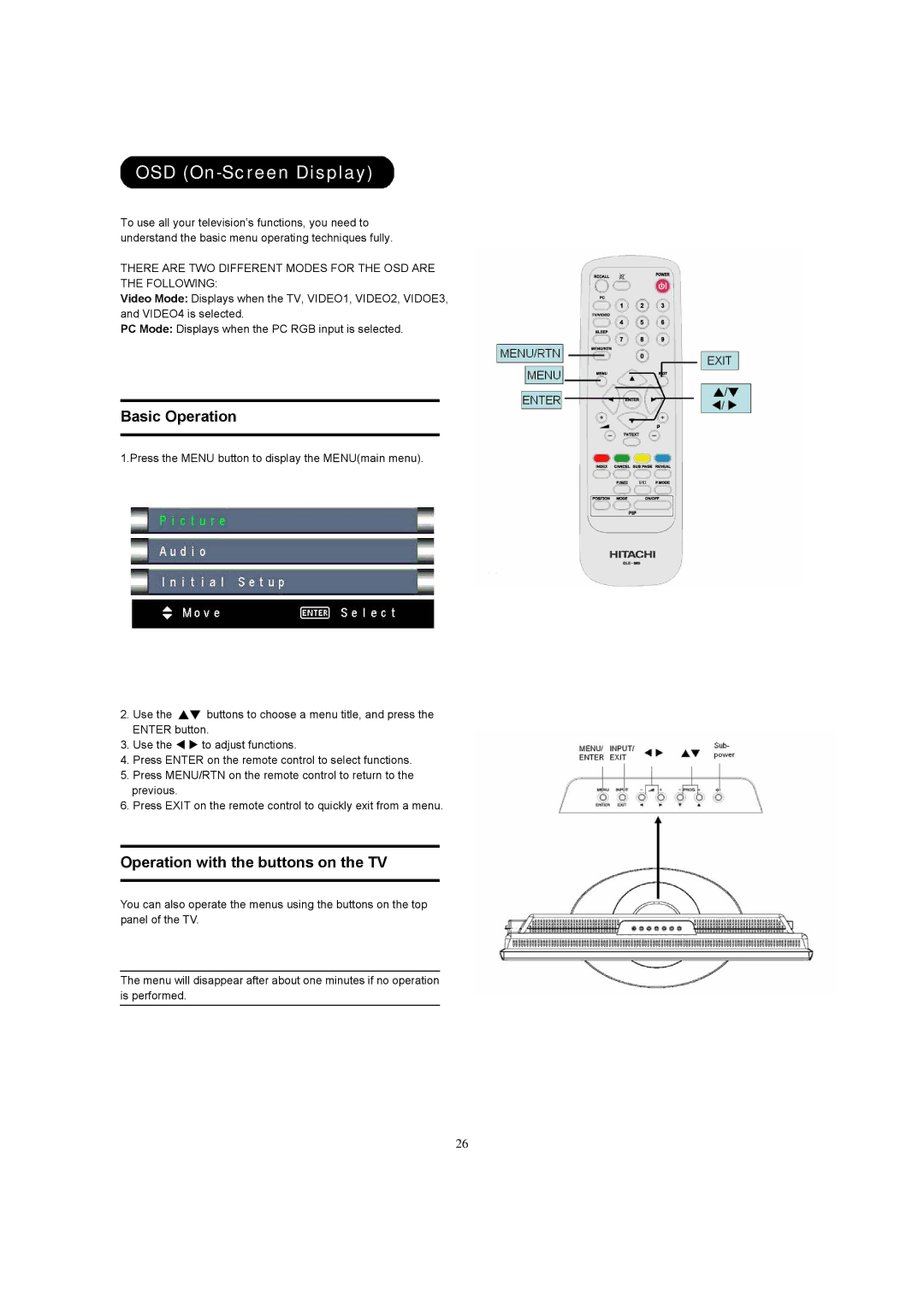 Hitachi 26LD8000TA user manual OSD On-Screen Display, Operation with the buttons on the TV 