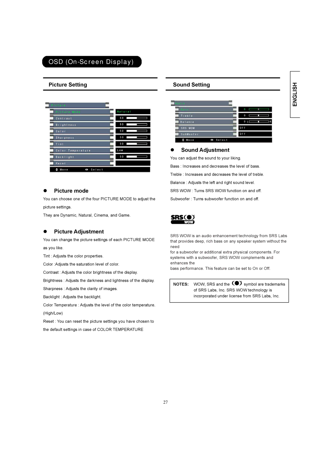 Hitachi 26LD8000TA user manual Picture Setting Picture mode, Picture Adjustment, Sound Setting, Sound Adjustment 