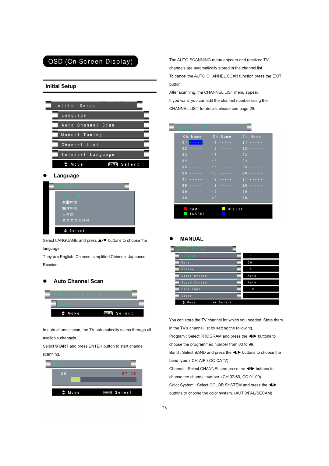 Hitachi 26LD8000TA user manual Initial Setup Language, Manual Auto Channel Scan 