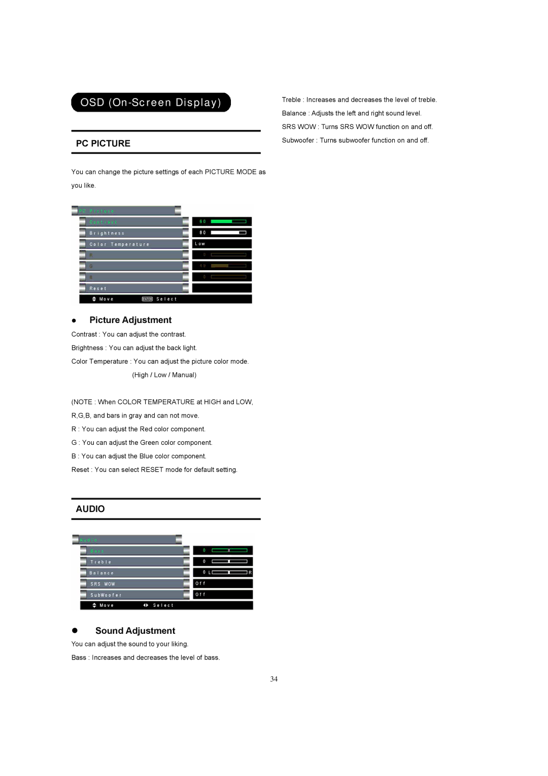 Hitachi 26LD8000TA user manual PC Picture, Audio 