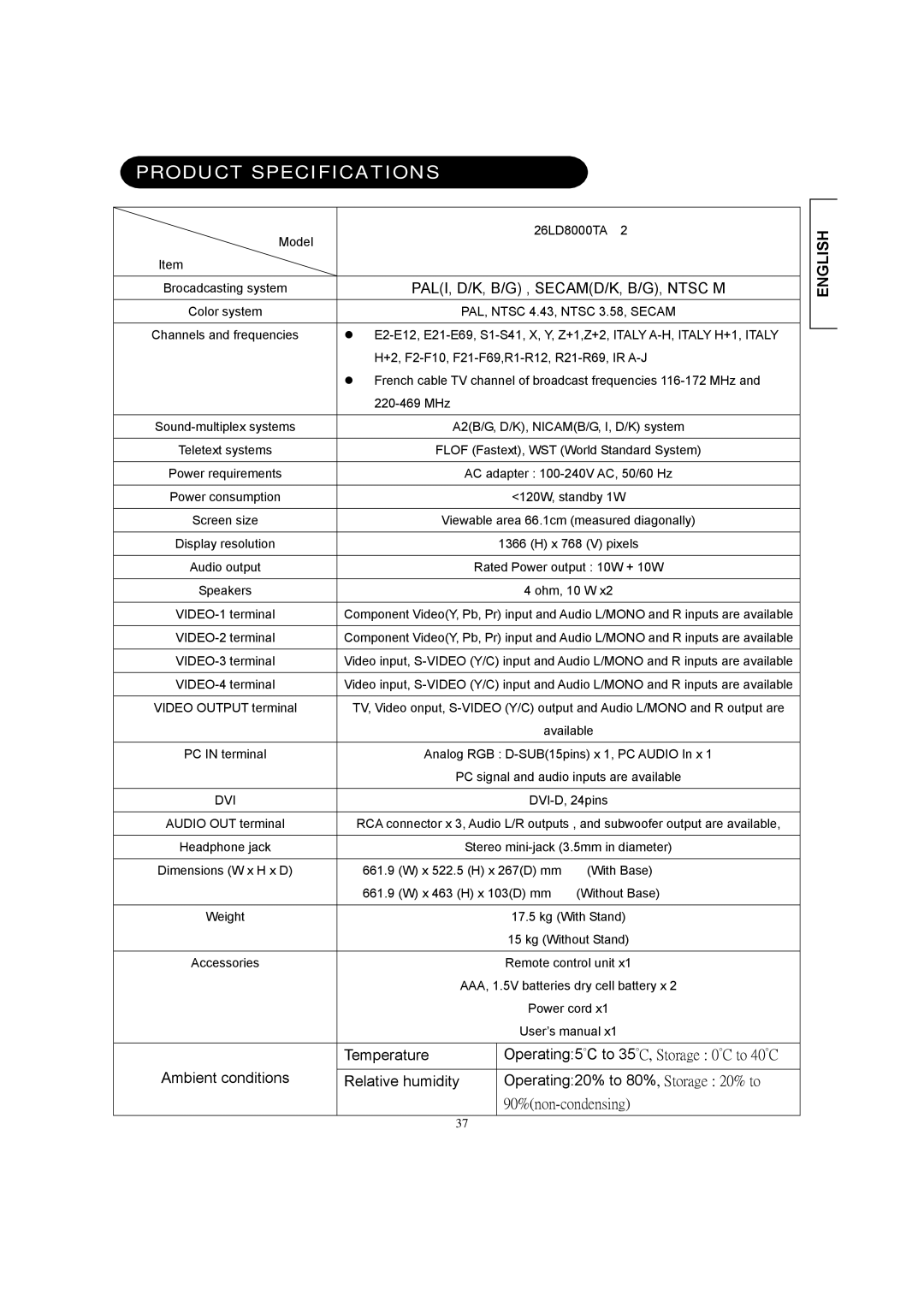 Hitachi 26LD8000TA user manual Product Specifications, PALI, D/K, B/G , SECAMD/K, B/G, Ntsc M 