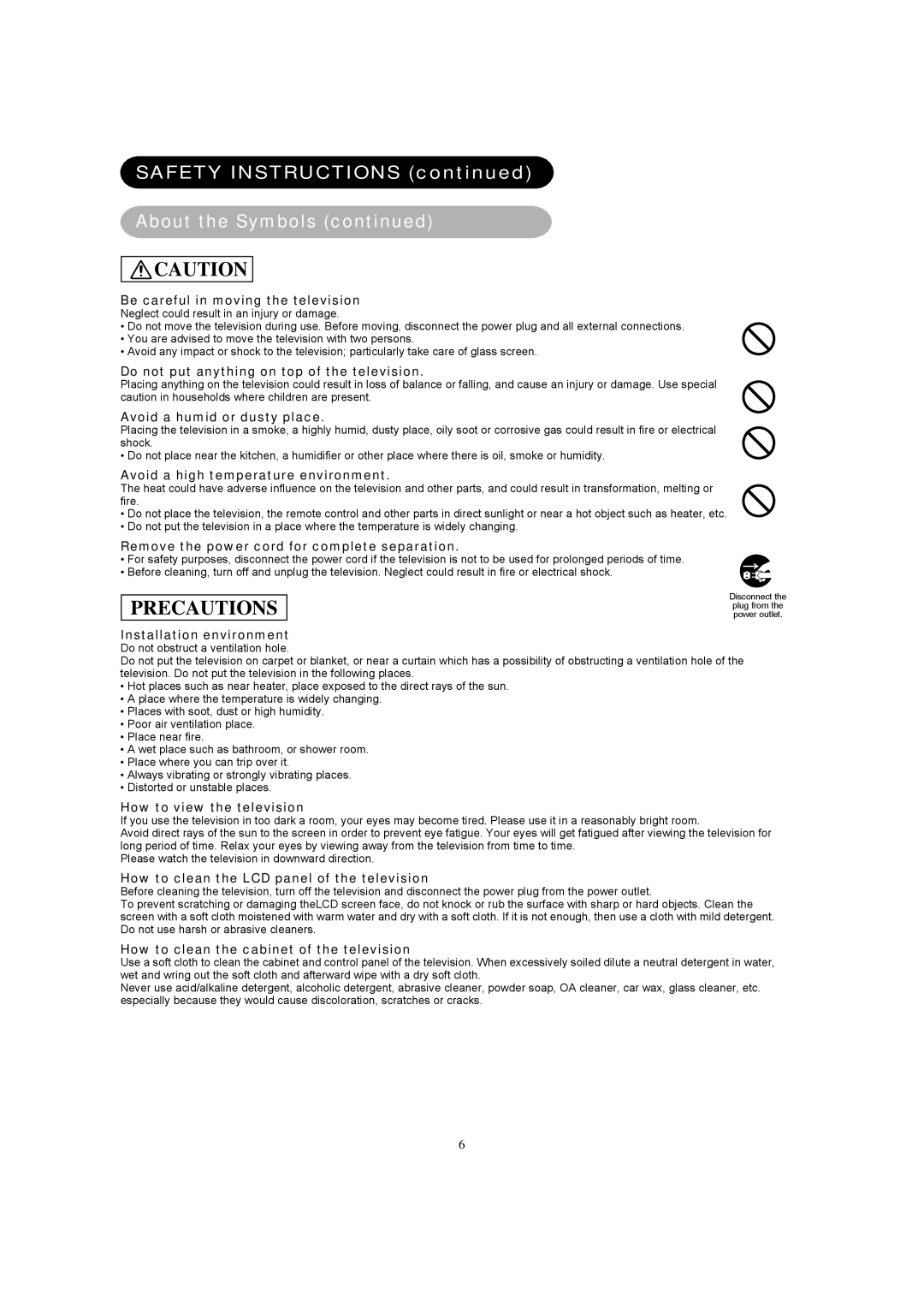 Hitachi 26LD8000TA user manual Precautions 