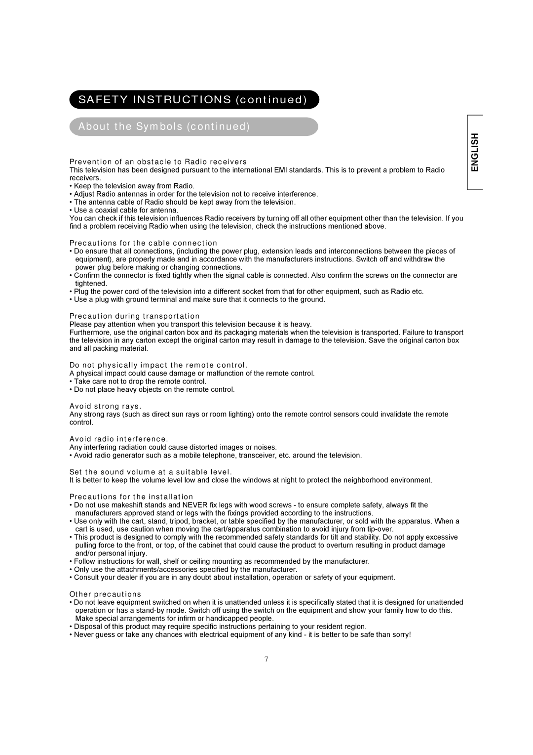 Hitachi 26LD8000TA user manual Prevention of an obstacle to Radio receivers 