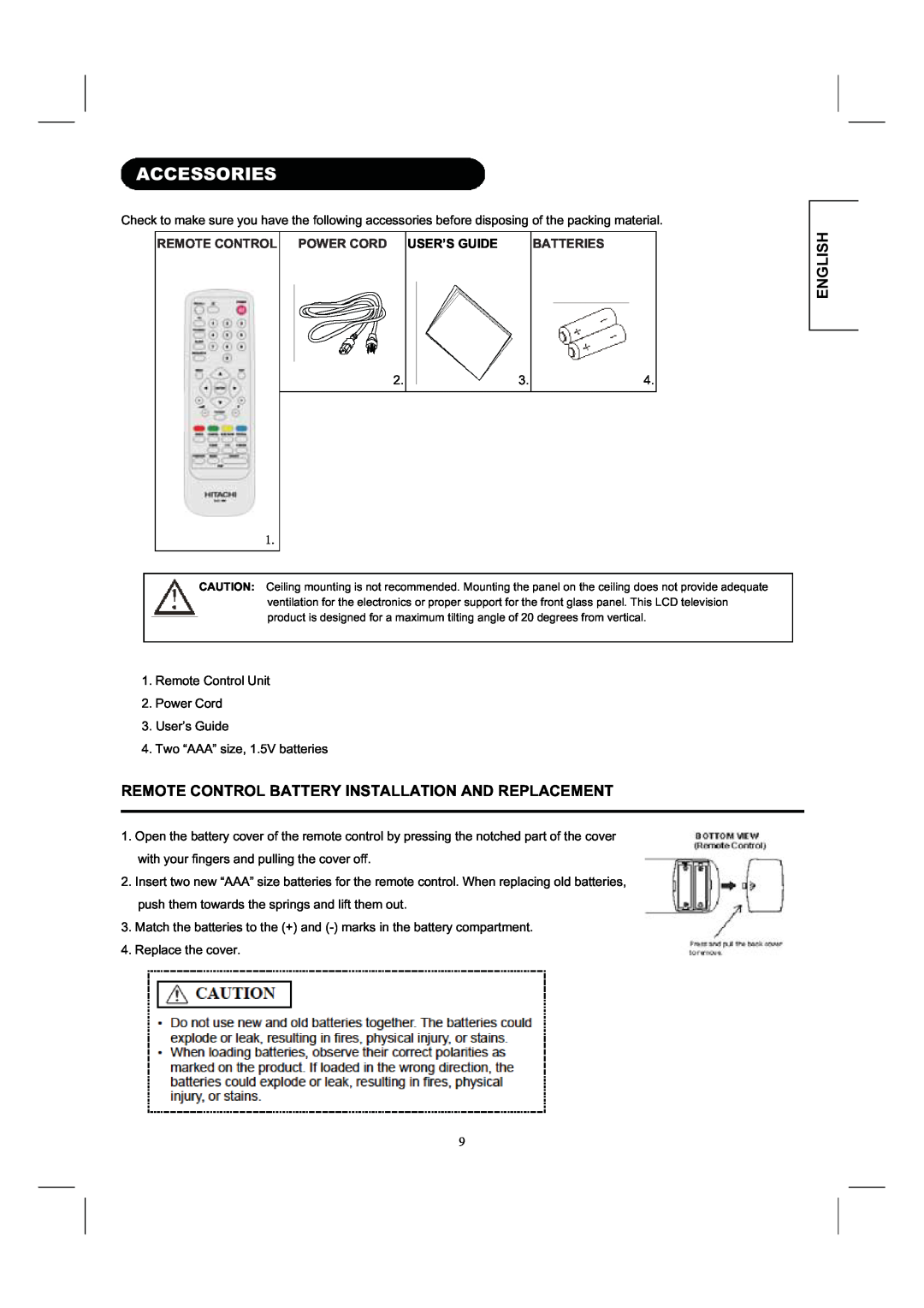 Hitachi 26LD8000TA Accessories, Remote Control Battery Installation And Replacement, English, Power Cord User’S Guide 