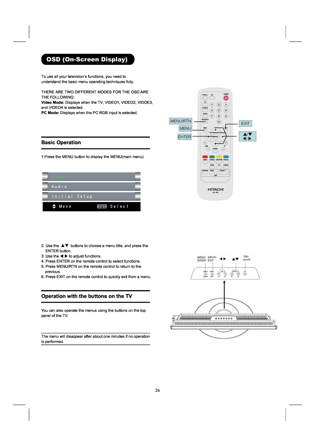 Hitachi 26LD8000TA user manual OSD On-Screen Display, Operation with the buttons on the TV, Basic Operation 
