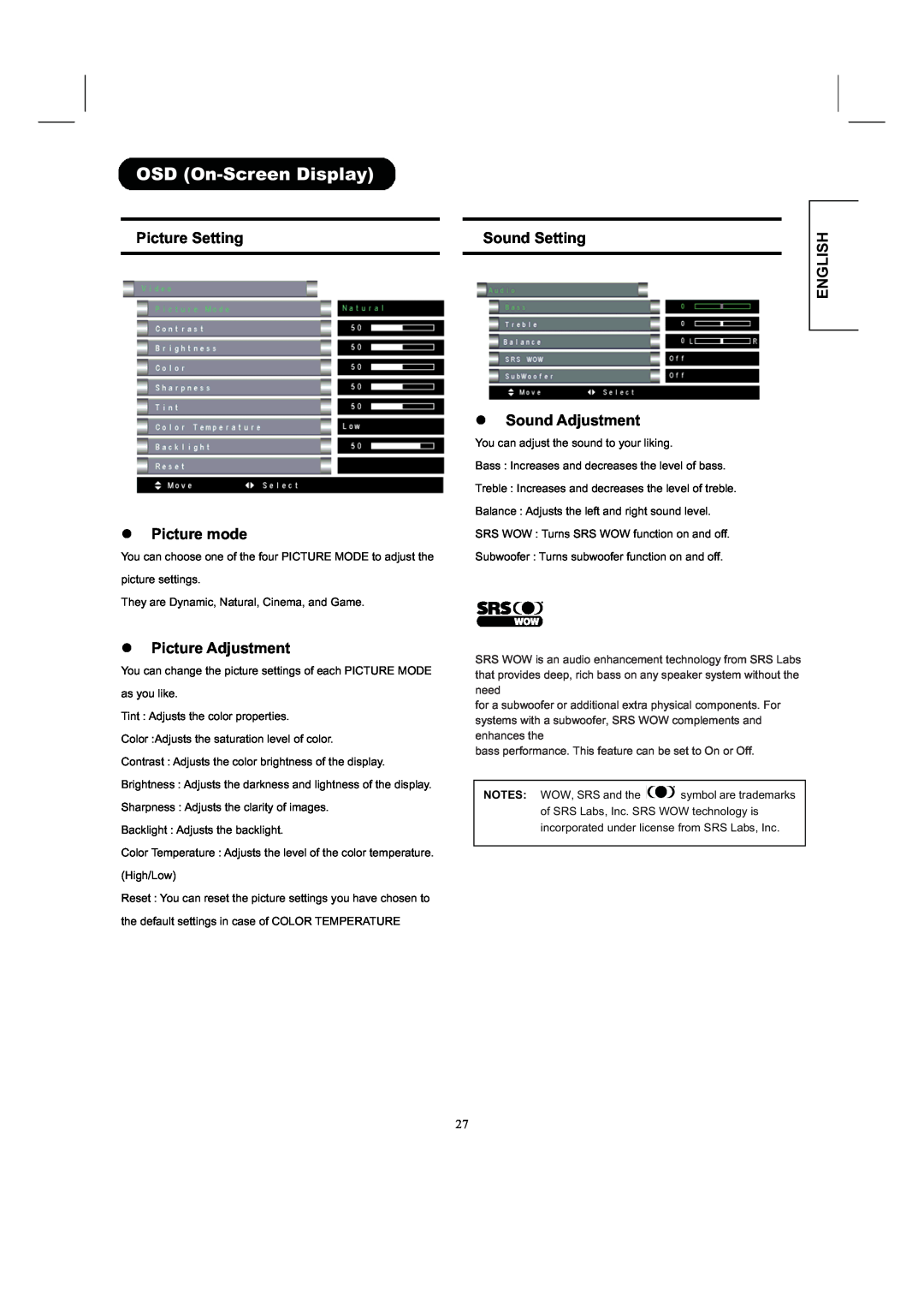 Hitachi 26LD8000TA Picture Setting, Sound Setting, z Sound Adjustment, z Picture mode, z Picture Adjustment, English 