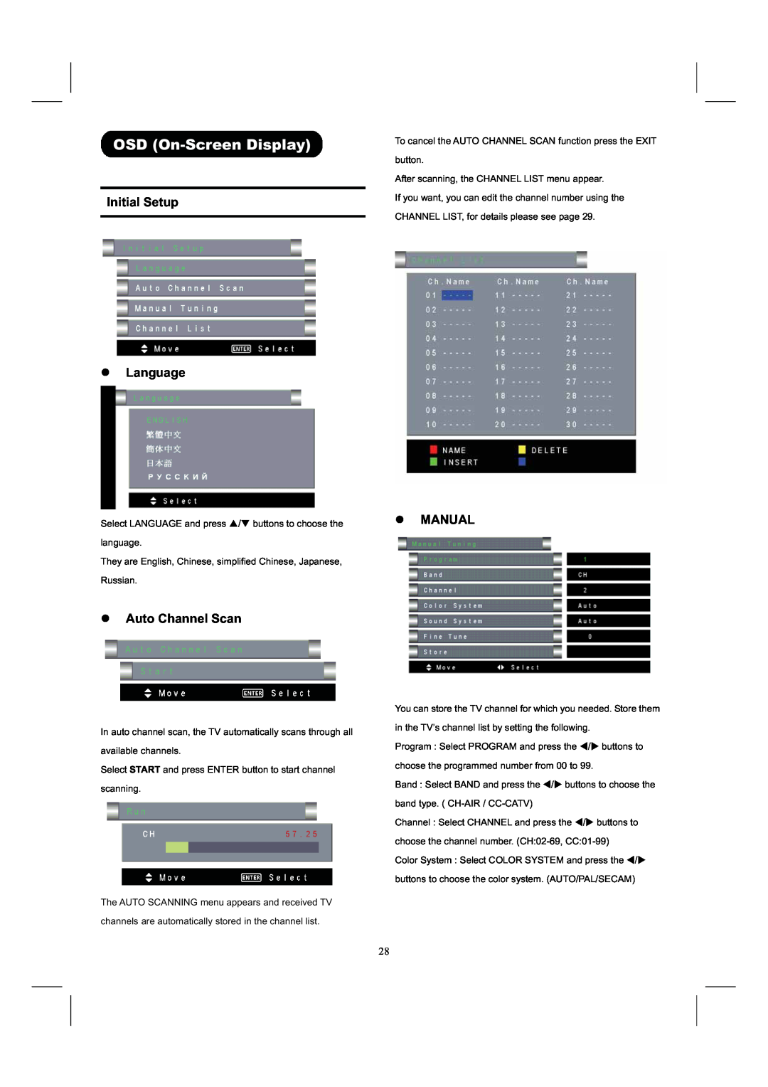 Hitachi 26LD8000TA user manual Initial Setup, z Language, z MANUAL, z Auto Channel Scan, OSD On-Screen Display 