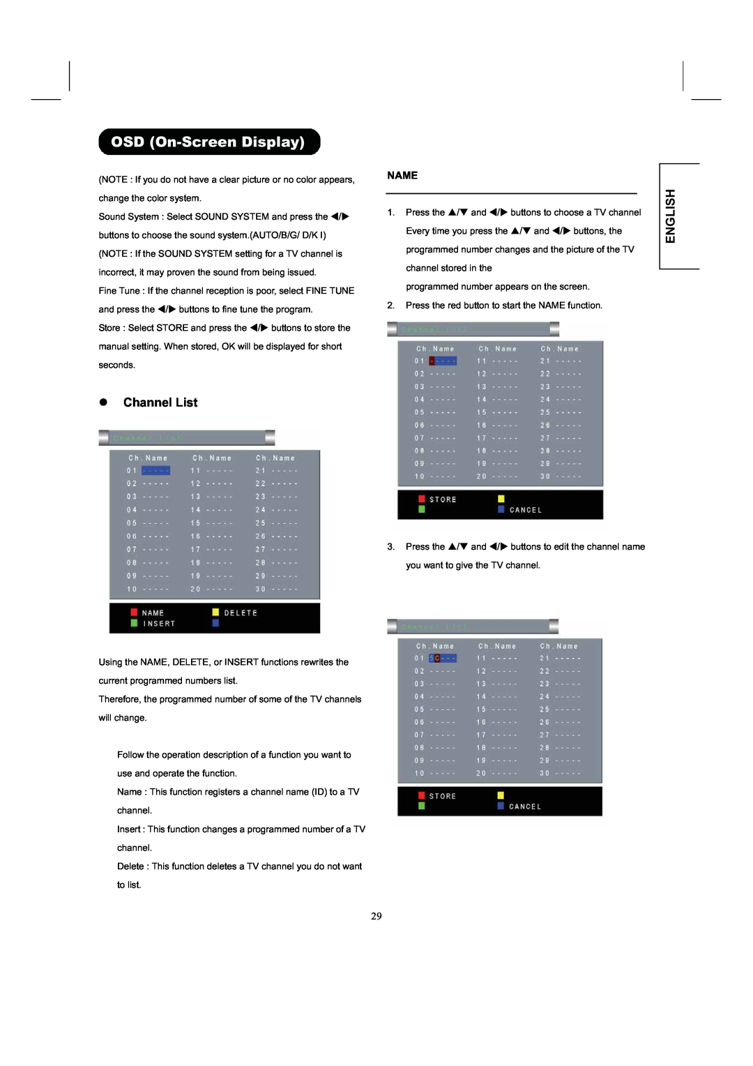 Hitachi 26LD8000TA user manual z Channel List, OSD On-Screen Display, English, Name 