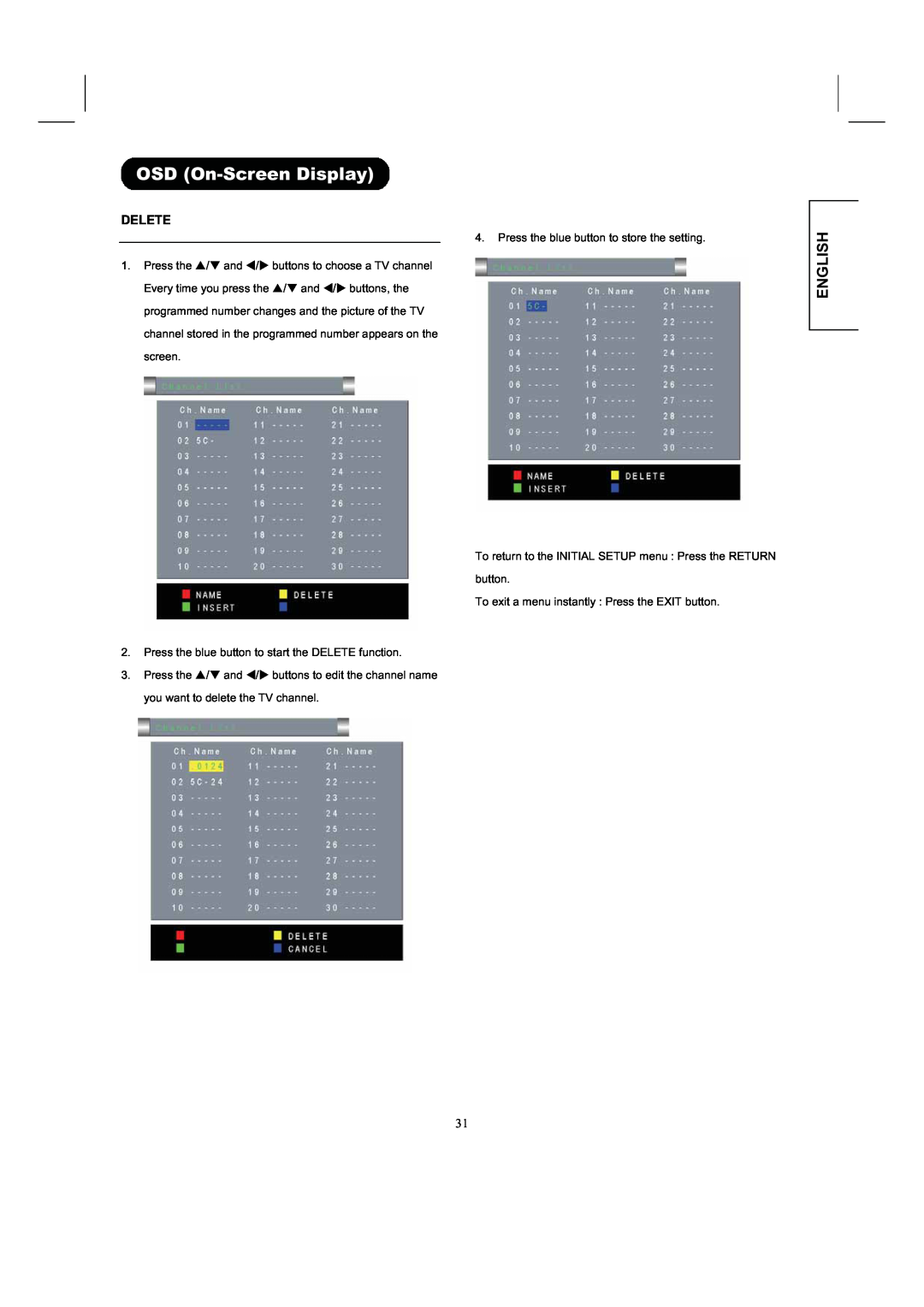 Hitachi 26LD8000TA user manual OSD On-Screen Display, English, Delete 