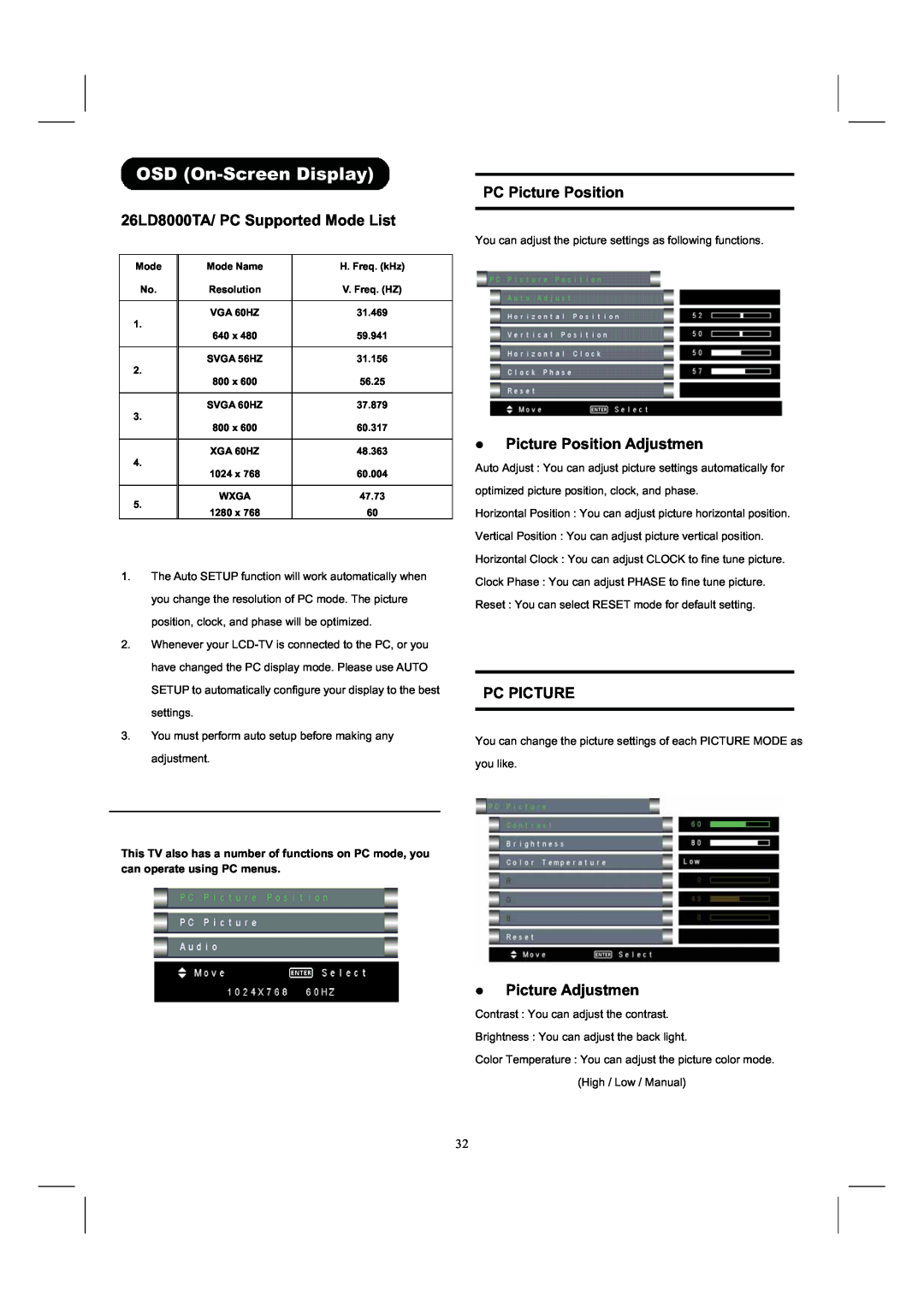 Hitachi user manual 26LD8000TA/ PC Supported Mode List, PC Picture Position, z Picture Position Adjustmen, Pc Picture 