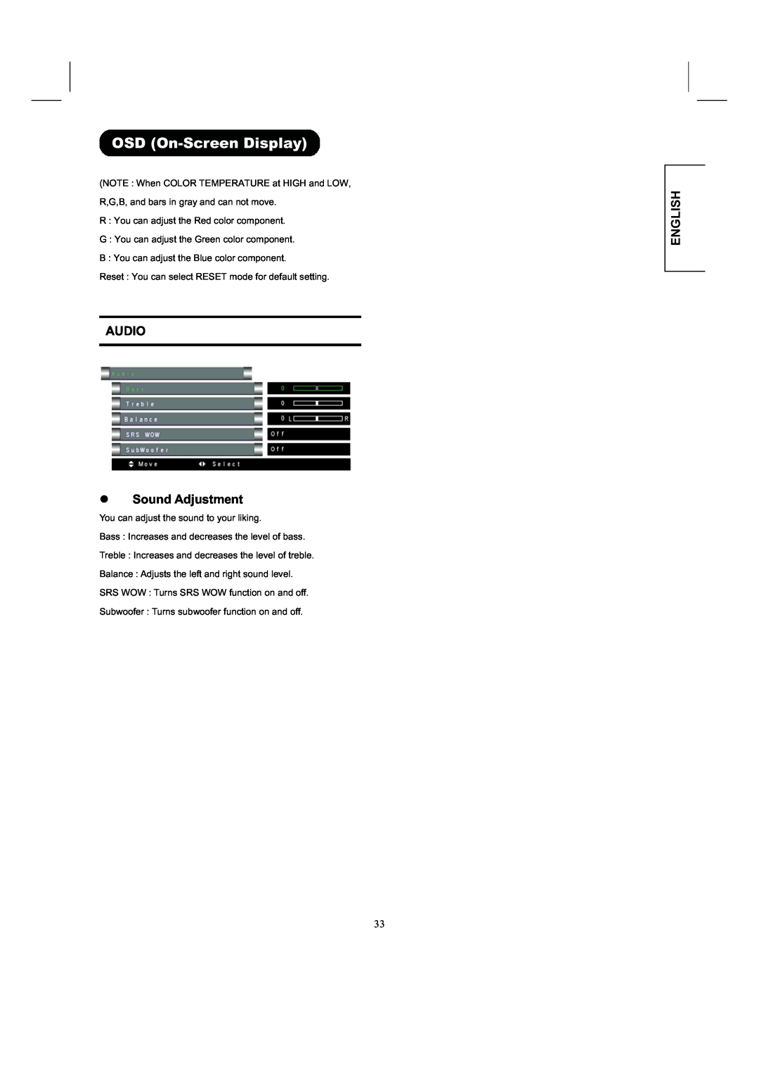 Hitachi 26LD8000TA user manual AUDIO z Sound Adjustment, OSD On-Screen Display, English 