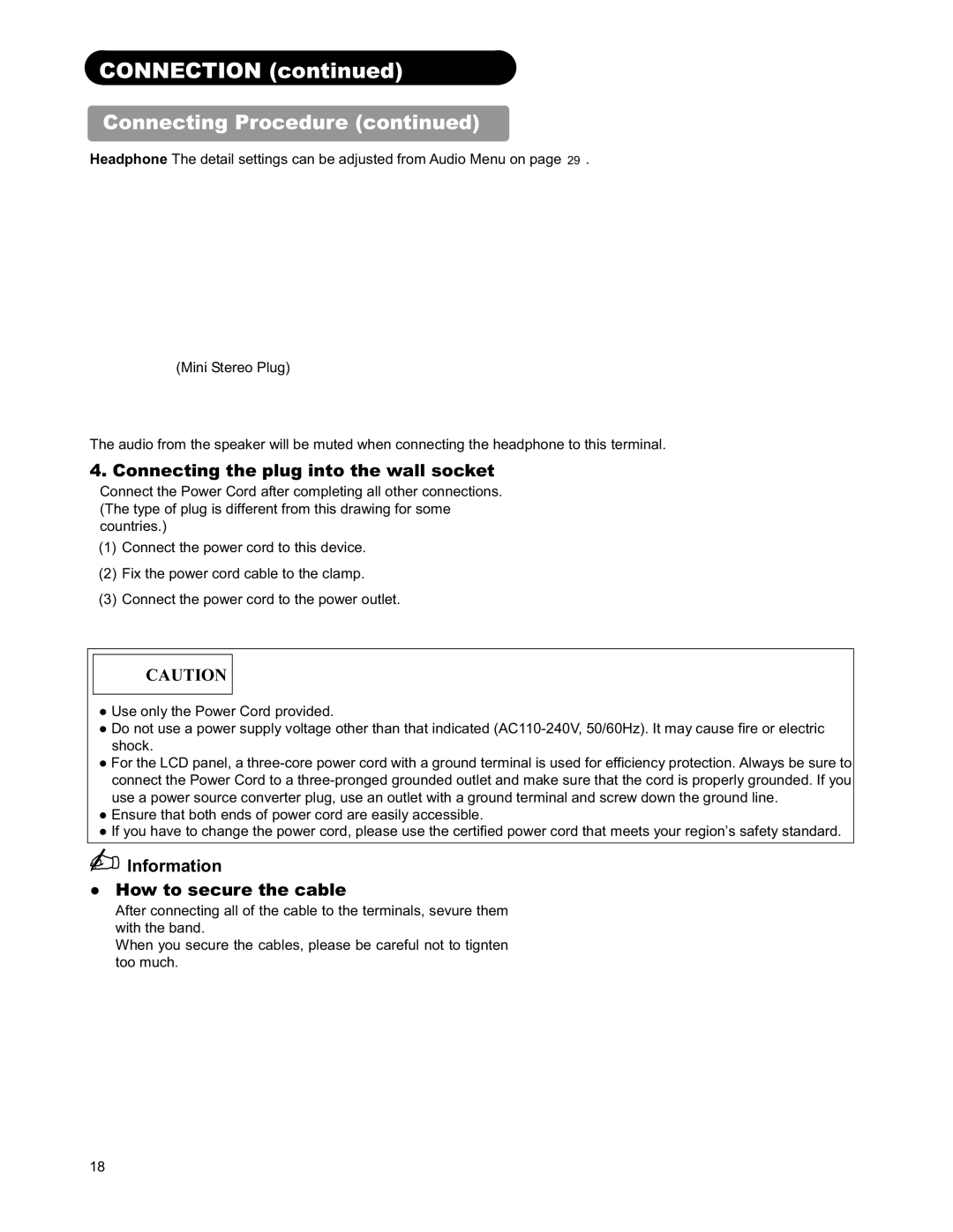 Hitachi 26LD9000TA user manual Connecting the plug into the wall socket, Information How to secure the cable 