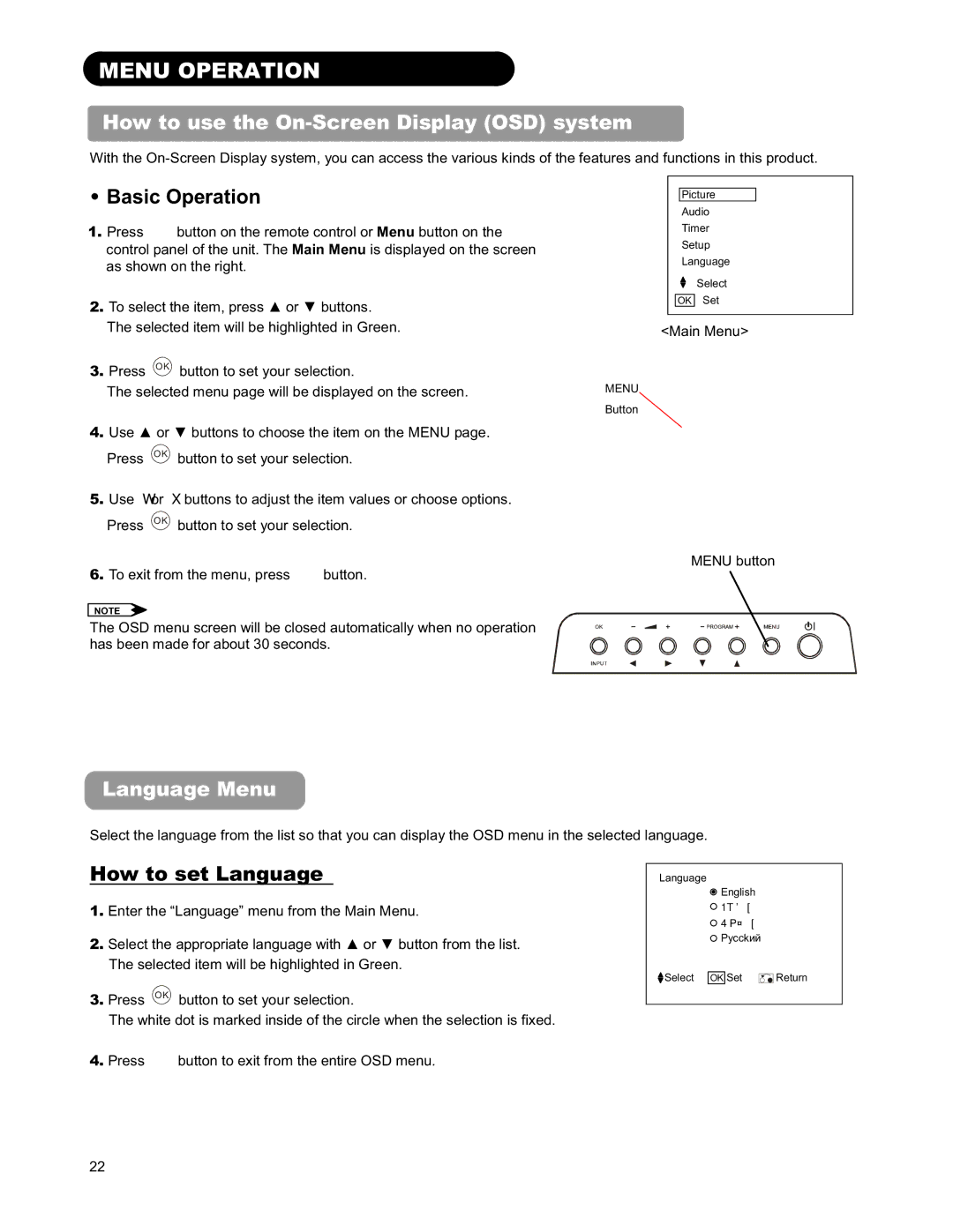 Hitachi 26LD9000TA user manual Menu Operation, How to use the On-Screen Display OSD system, Language Menu 