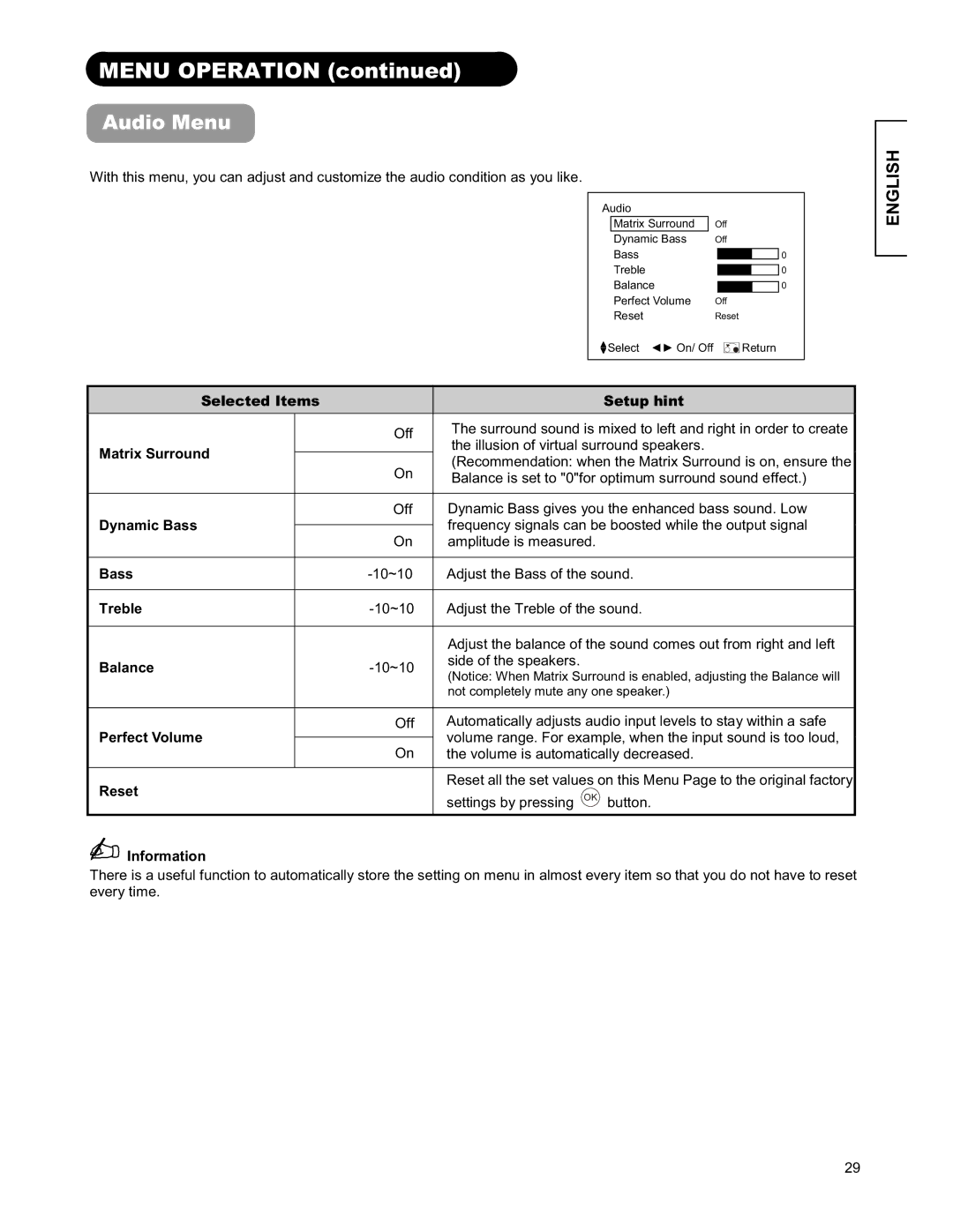 Hitachi 26LD9000TA user manual Audio Menu 