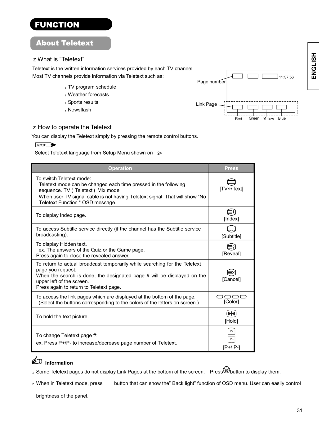 Hitachi 26LD9000TA user manual Function, About Teletext 