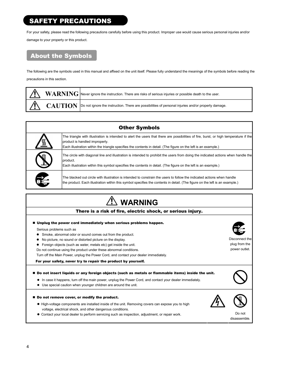 Hitachi 26LD9000TA user manual Safety Precautions, About the Symbols, Other Symbols 