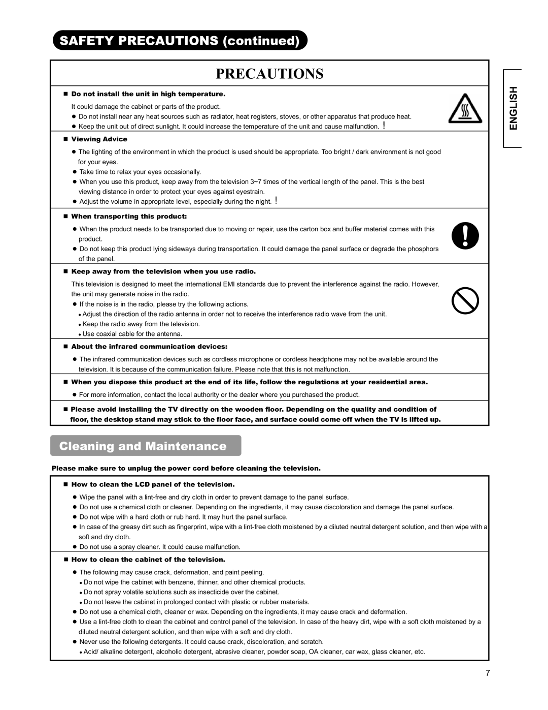 Hitachi 26LD9000TA user manual Precautions, Cleaning and Maintenance 