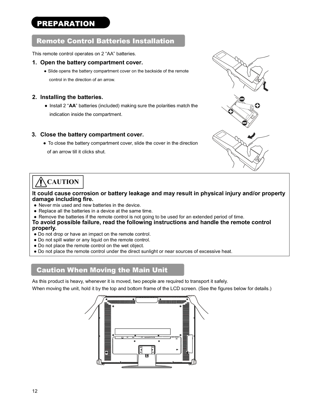 Hitachi 26LD9000TA2 user manual Preparation, Remote Control Batteries Installation, Open the battery compartment cover 