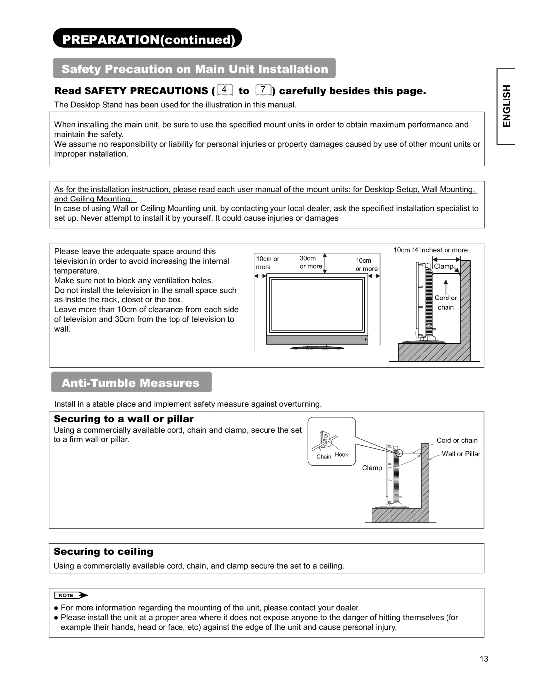 Hitachi 26LD9000TA2 user manual Preparation, Safety Precaution on Main Unit Installation, Anti-Tumble Measures 