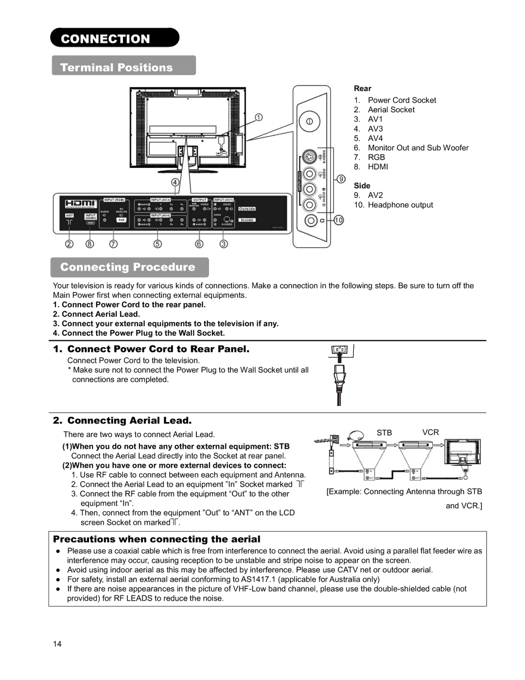 Hitachi 26LD9000TA2 user manual Connection, Terminal Positions, Connecting Procedure 