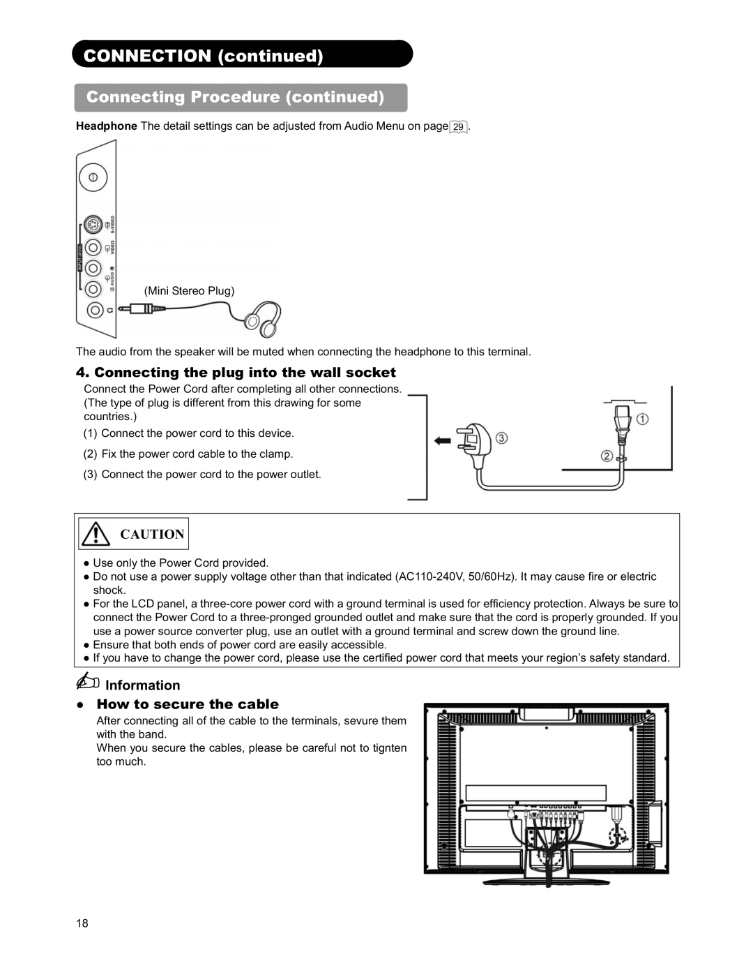 Hitachi 26LD9000TA2 user manual Connecting the plug into the wall socket, Information How to secure the cable 