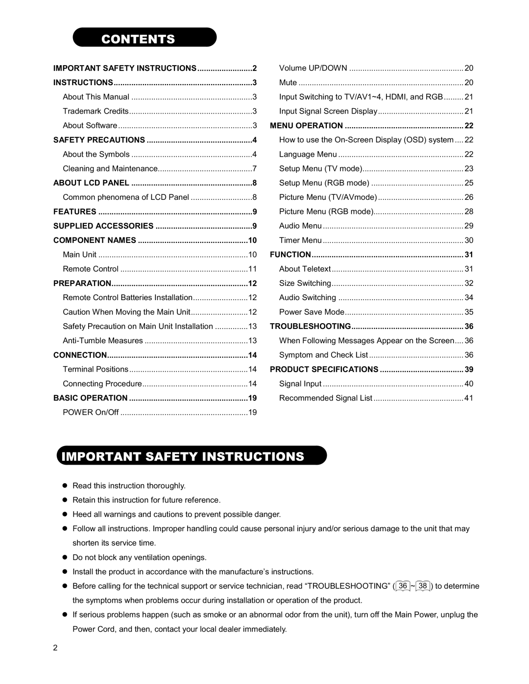 Hitachi 26LD9000TA2 user manual Contents, Important Safety Instructions 