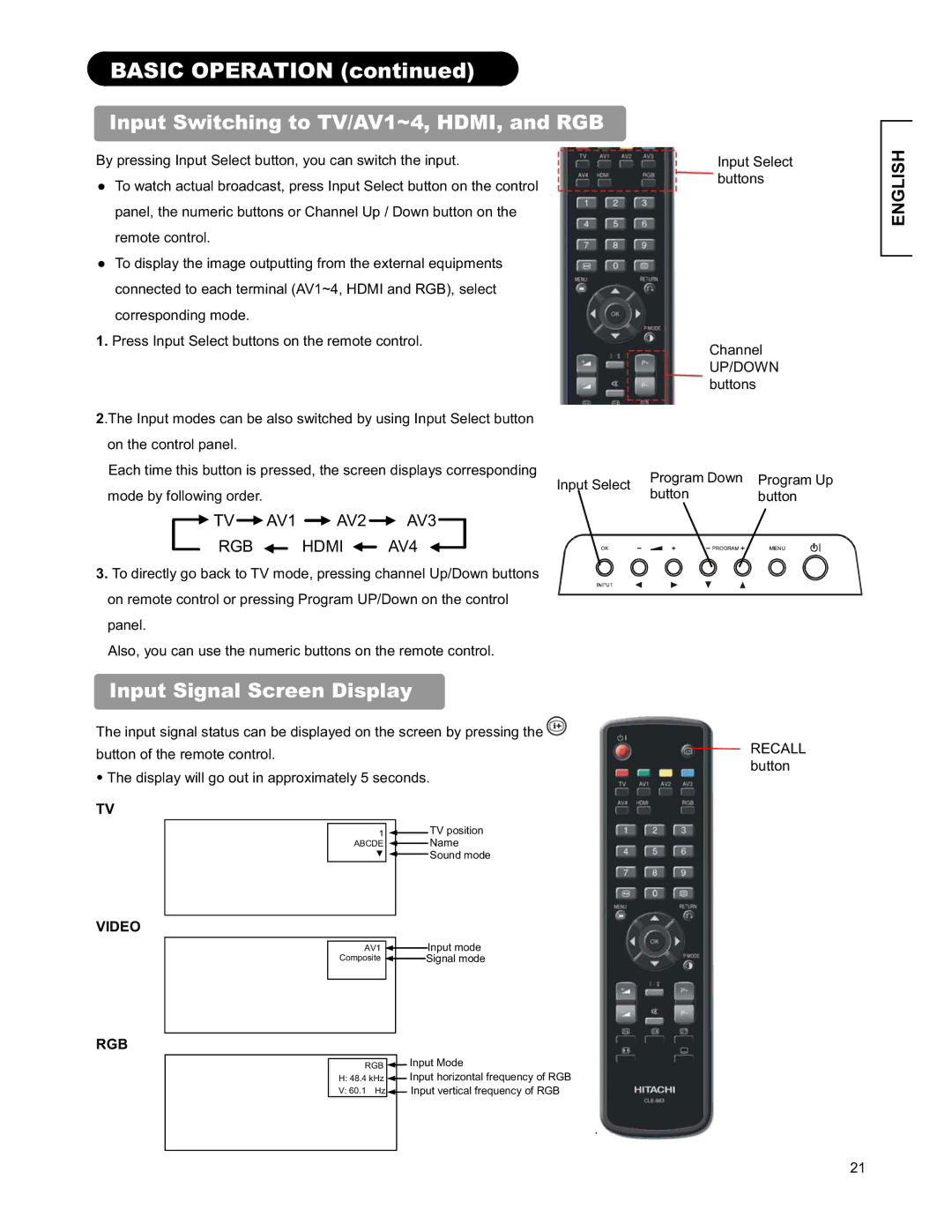 Hitachi 26LD9000TA2 user manual Input Switching to TV/AV1~4, HDMI, and RGB, Input Signal Screen Display 