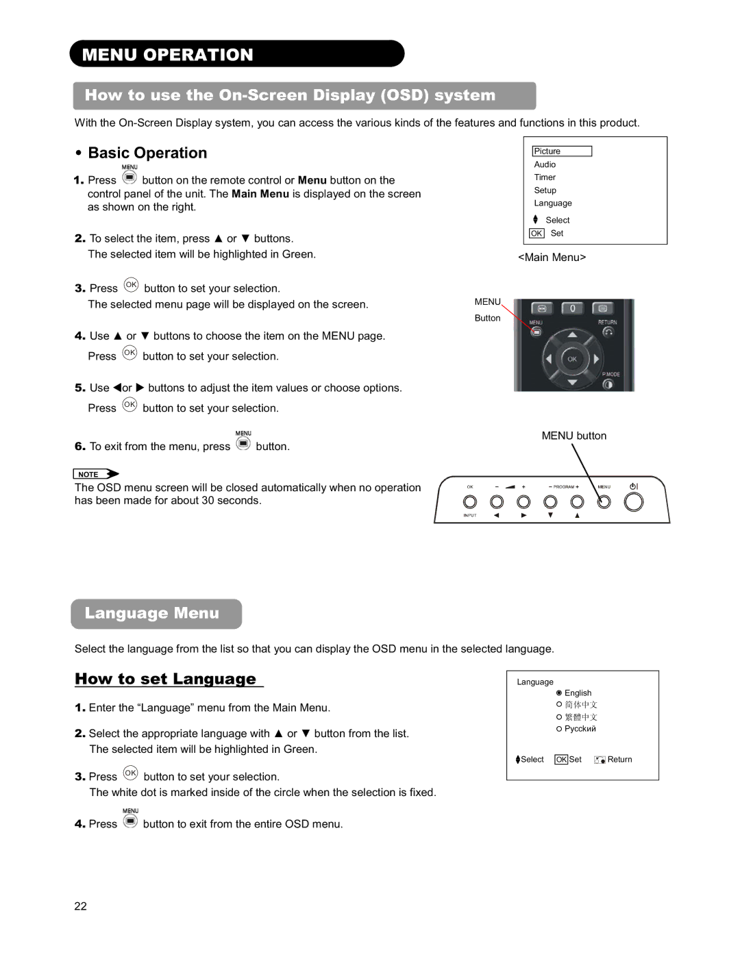 Hitachi 26LD9000TA2 user manual Menu Operation, How to use the On-Screen Display OSD system, Language Menu 