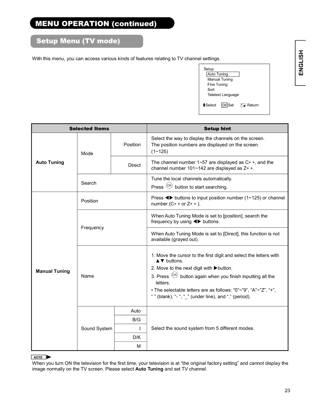 Hitachi 26LD9000TA2 user manual Menu Operation, Setup Menu TV mode, Selected Items Setup hint, Auto Tuning, Manual Tuning 